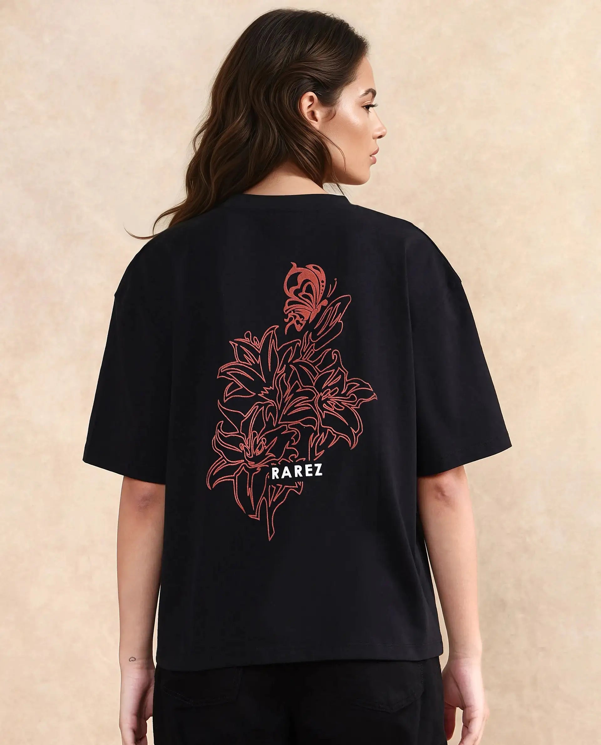 Rareism Women Trill Black Cotton Blend Fabric Short Sleeve Crew Neck Oversized Fit Graphic Print T-Shirt