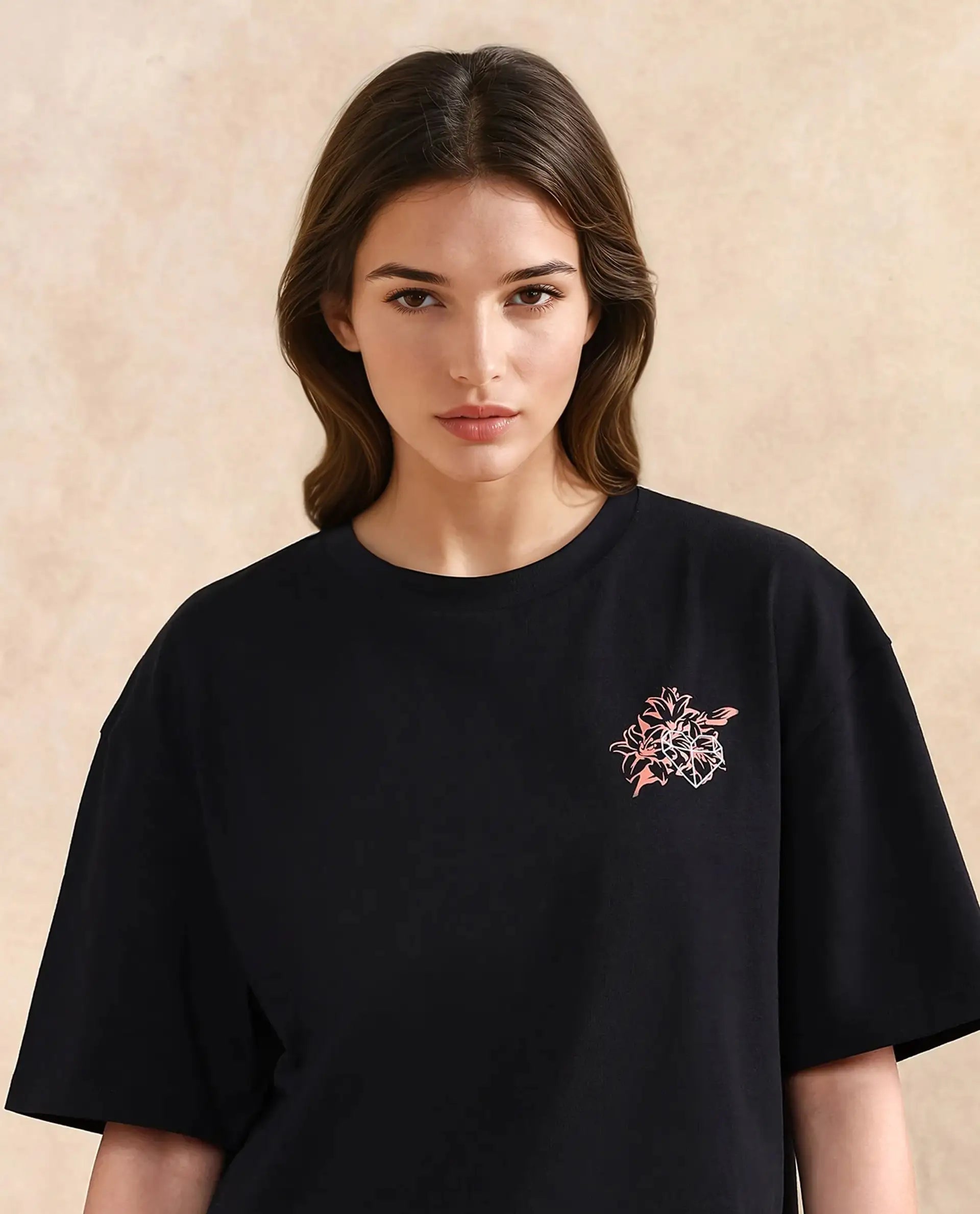 Rareism Women Trill Black Cotton Blend Fabric Short Sleeve Crew Neck Oversized Fit Graphic Print T-Shirt