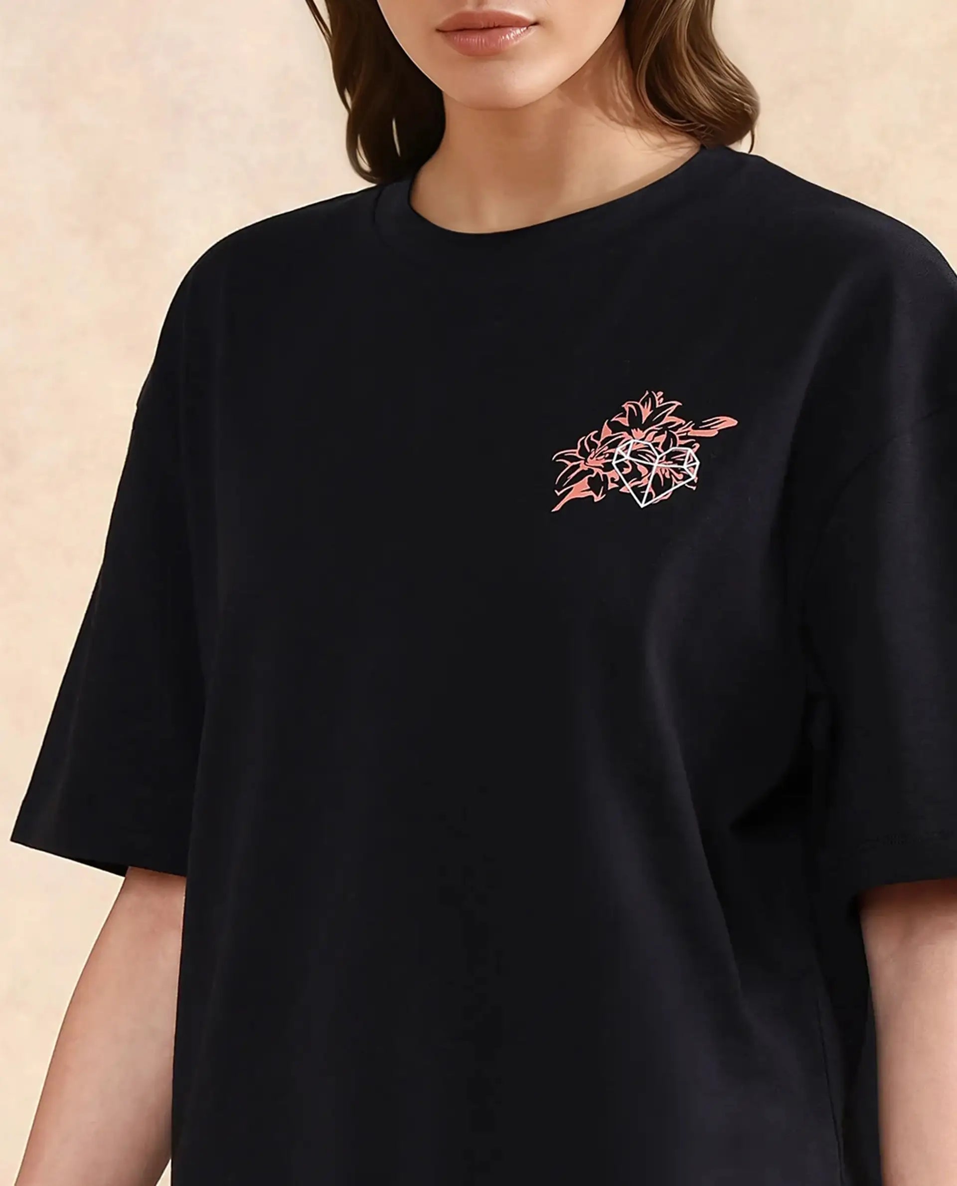 Rareism Women Trill Black Cotton Blend Fabric Short Sleeve Crew Neck Oversized Fit Graphic Print T-Shirt