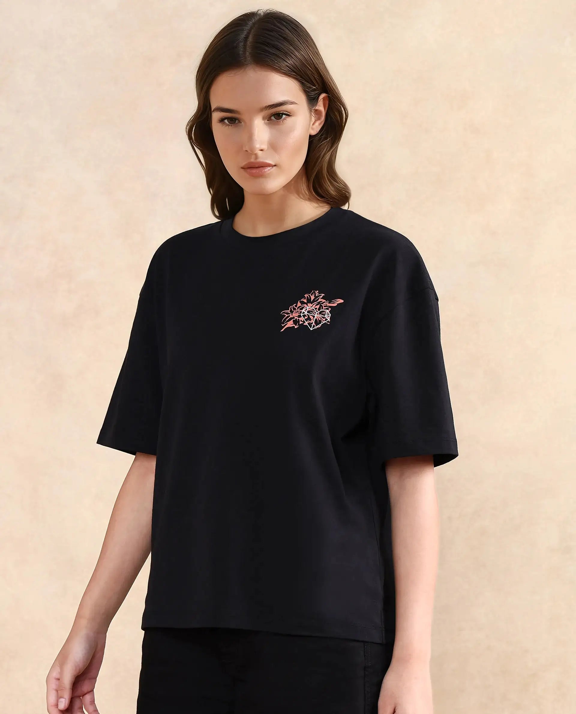 Rareism Women Trill Black Cotton Blend Fabric Short Sleeve Crew Neck Oversized Fit Graphic Print T-Shirt