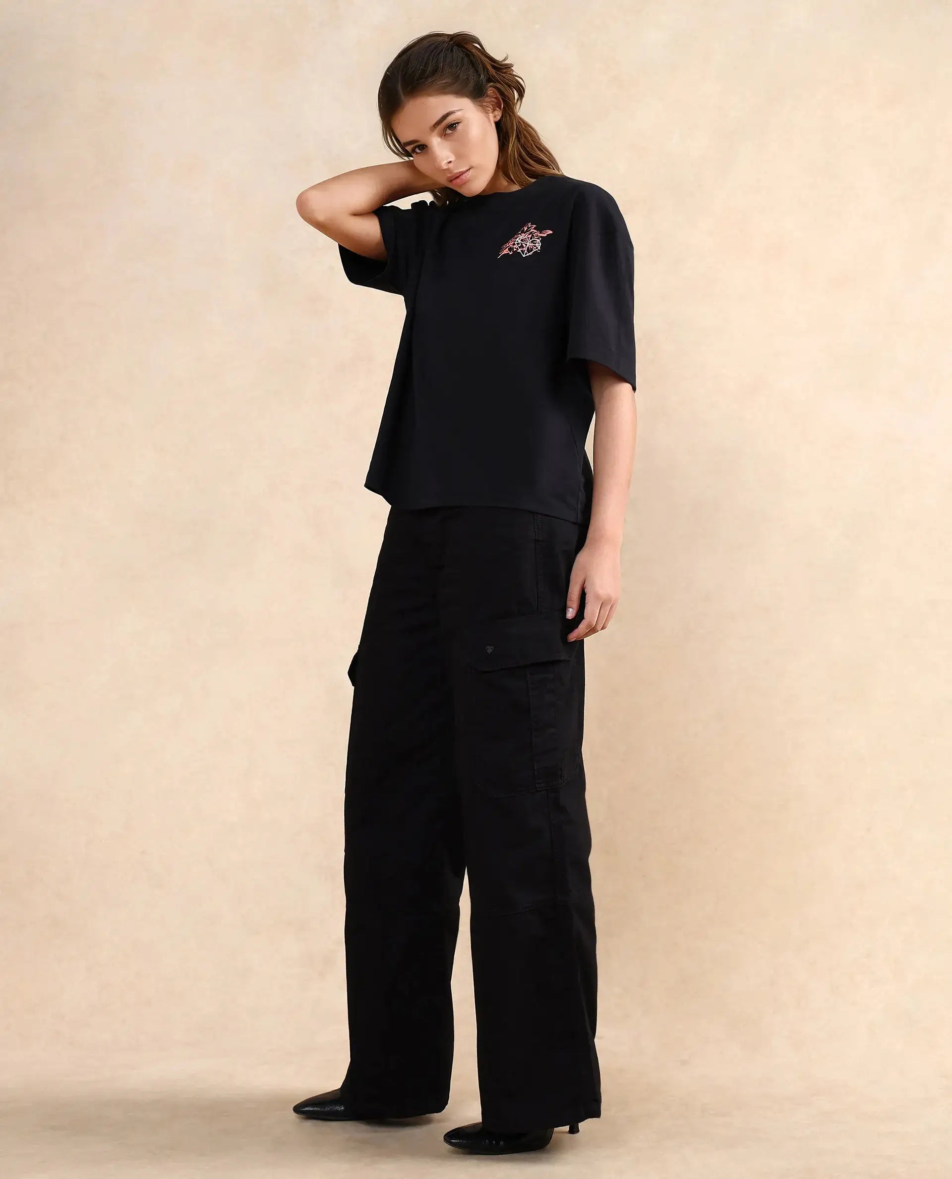 Rareism Women Trill Black Cotton Blend Fabric Short Sleeve Crew Neck Oversized Fit Graphic Print T-Shirt