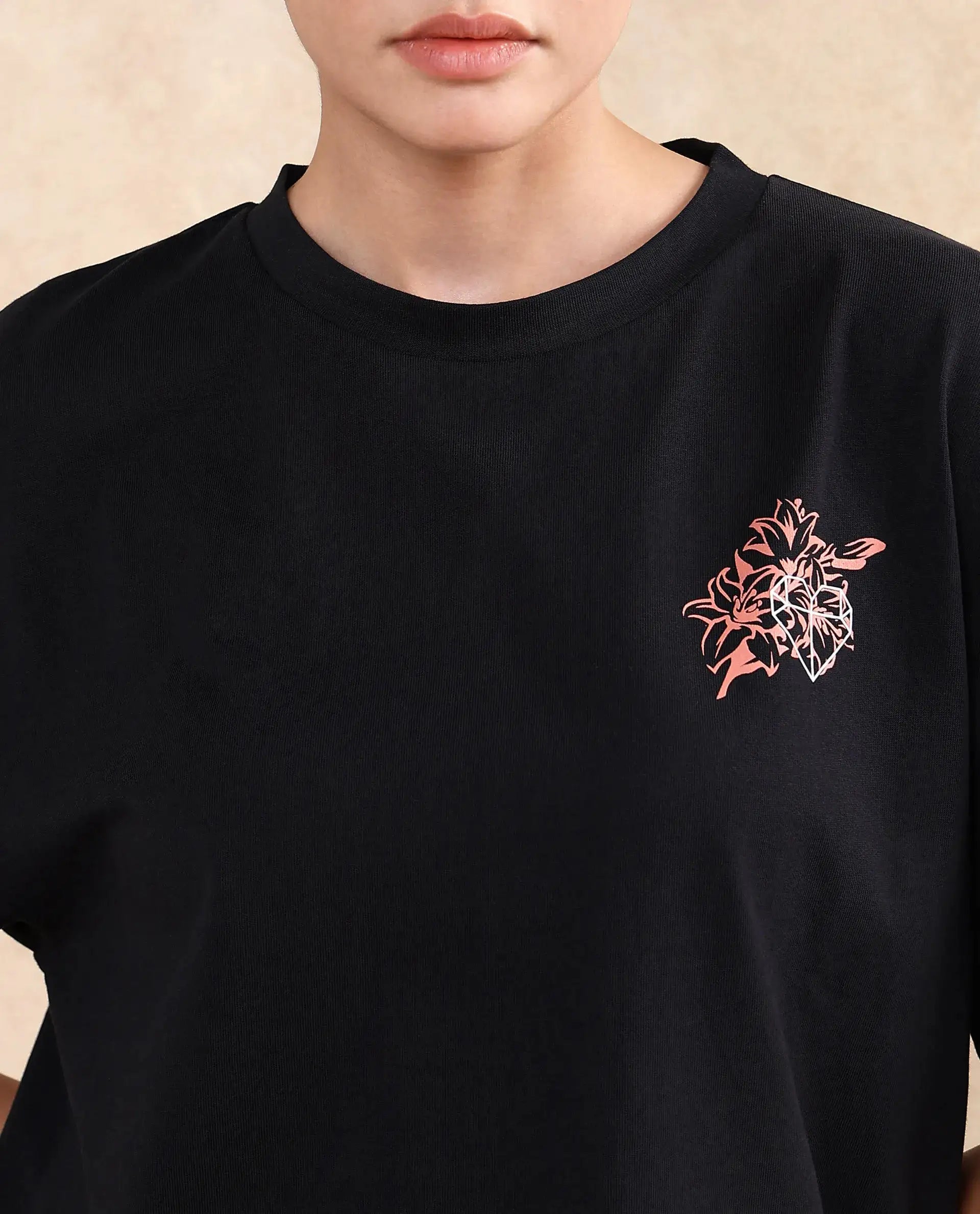 Rareism Women Trill Black Cotton Blend Fabric Short Sleeve Crew Neck Oversized Fit Graphic Print T-Shirt