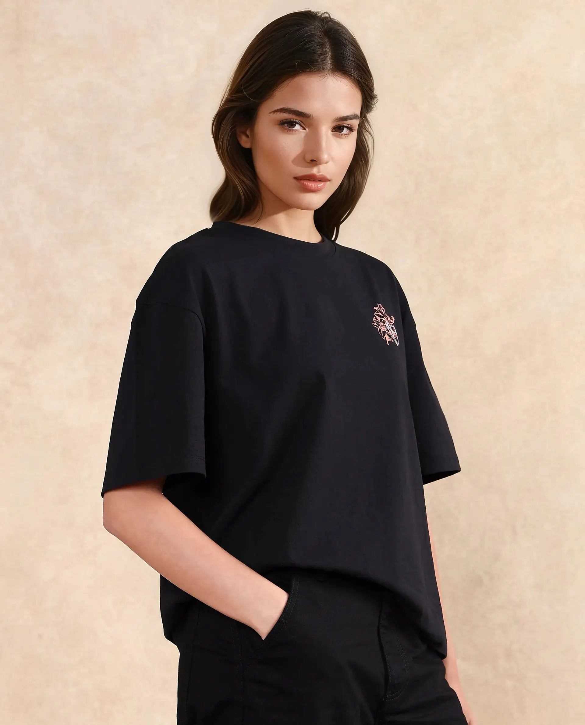 Rareism Women Trill Black Cotton Blend Fabric Short Sleeve Crew Neck Oversized Fit Graphic Print T-Shirt