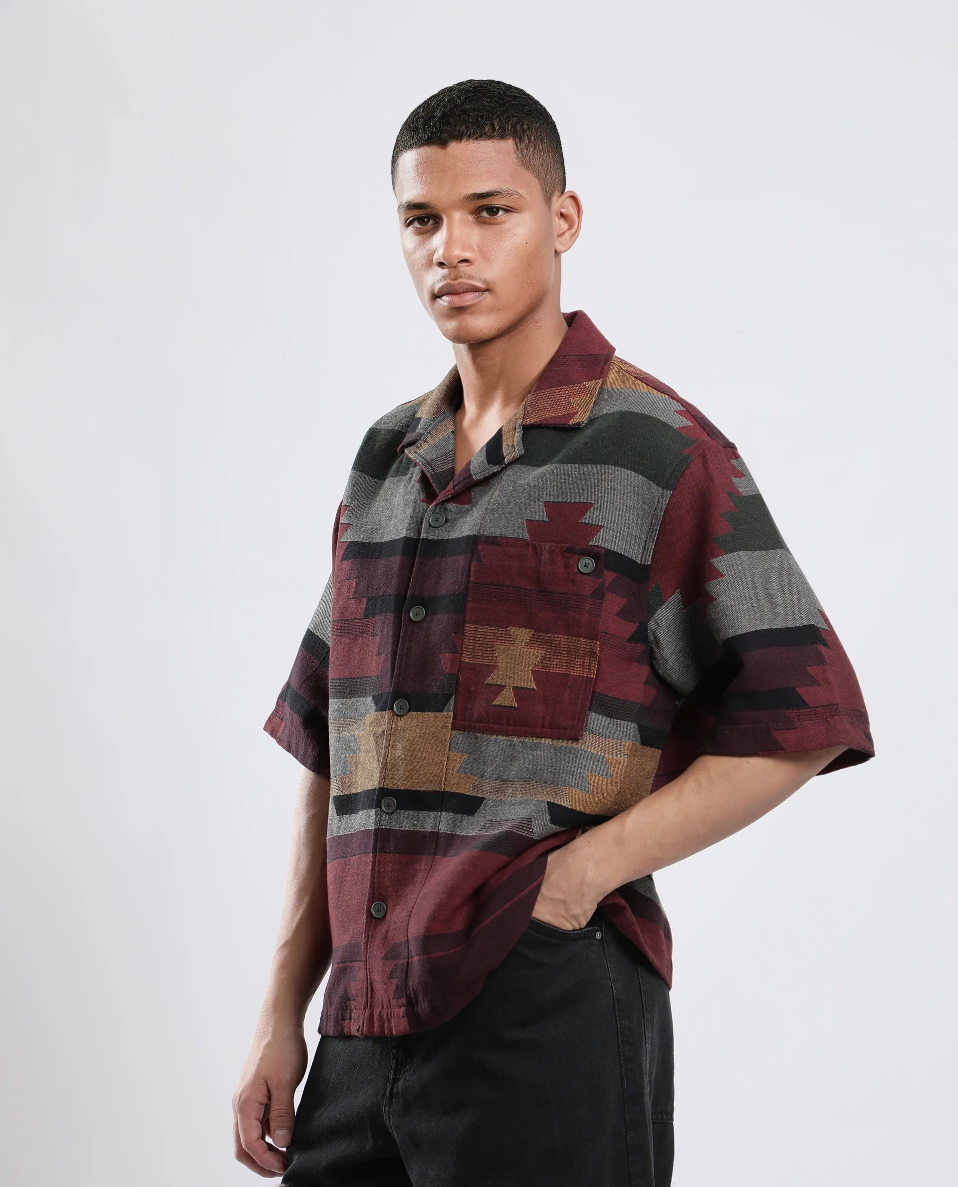 Rare Rabbit Men's Tri Maroon Cotton Jacquard Boxy Fit Half Sleeve Collared Shirt