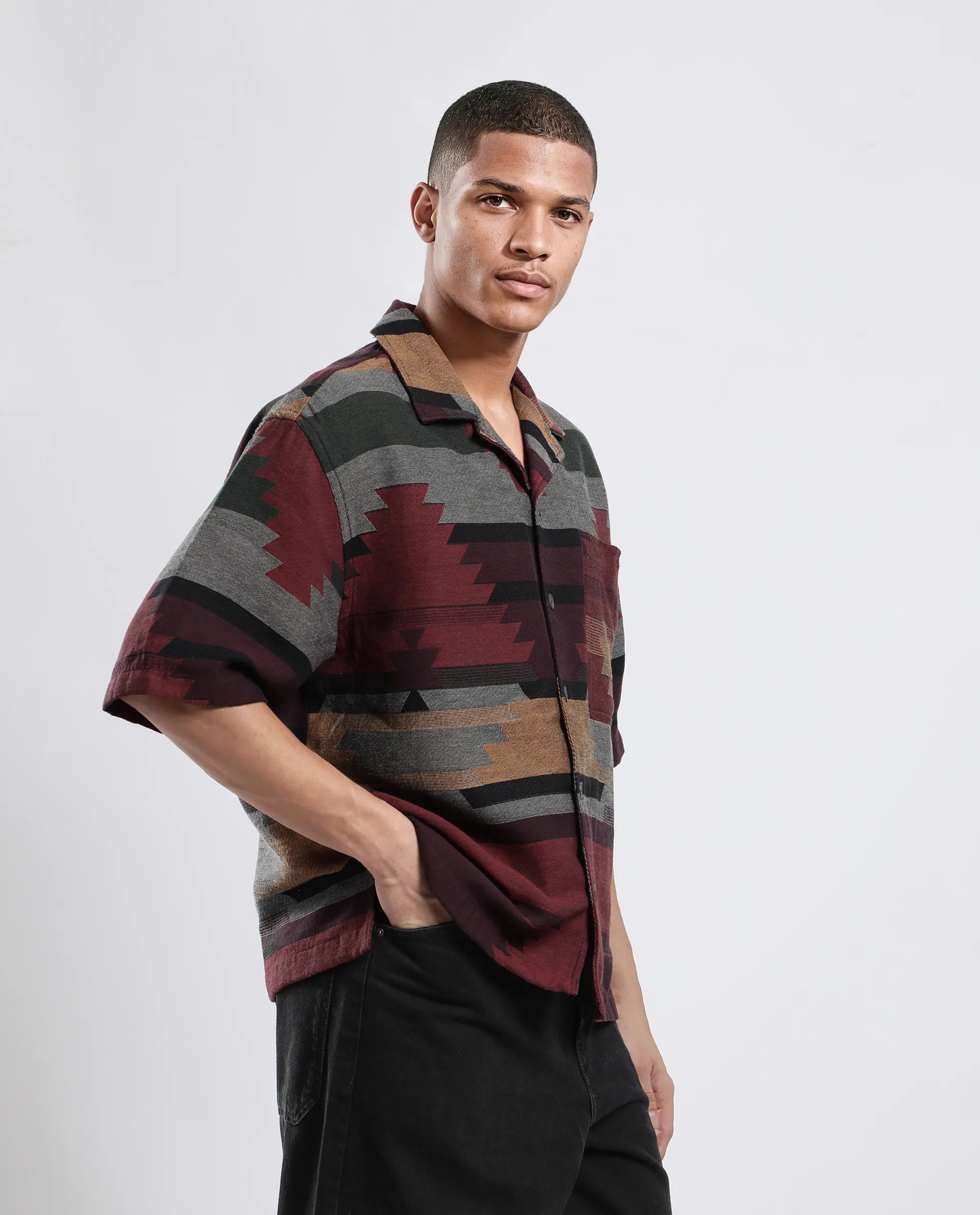 Rare Rabbit Men's Tri Maroon Cotton Jacquard Boxy Fit Half Sleeve Collared Shirt