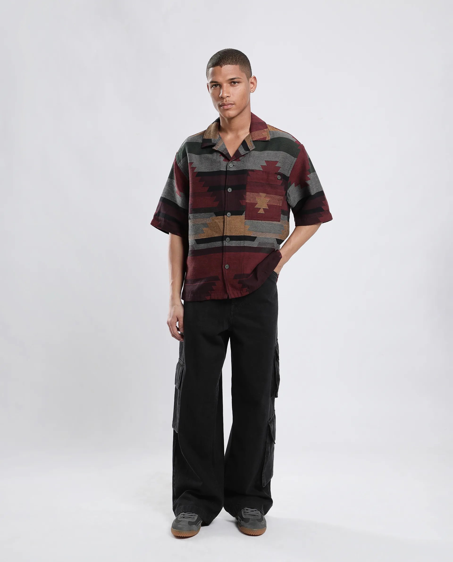 Rare Rabbit Men's Tri Maroon Cotton Jacquard Boxy Fit Half Sleeve Collared Shirt