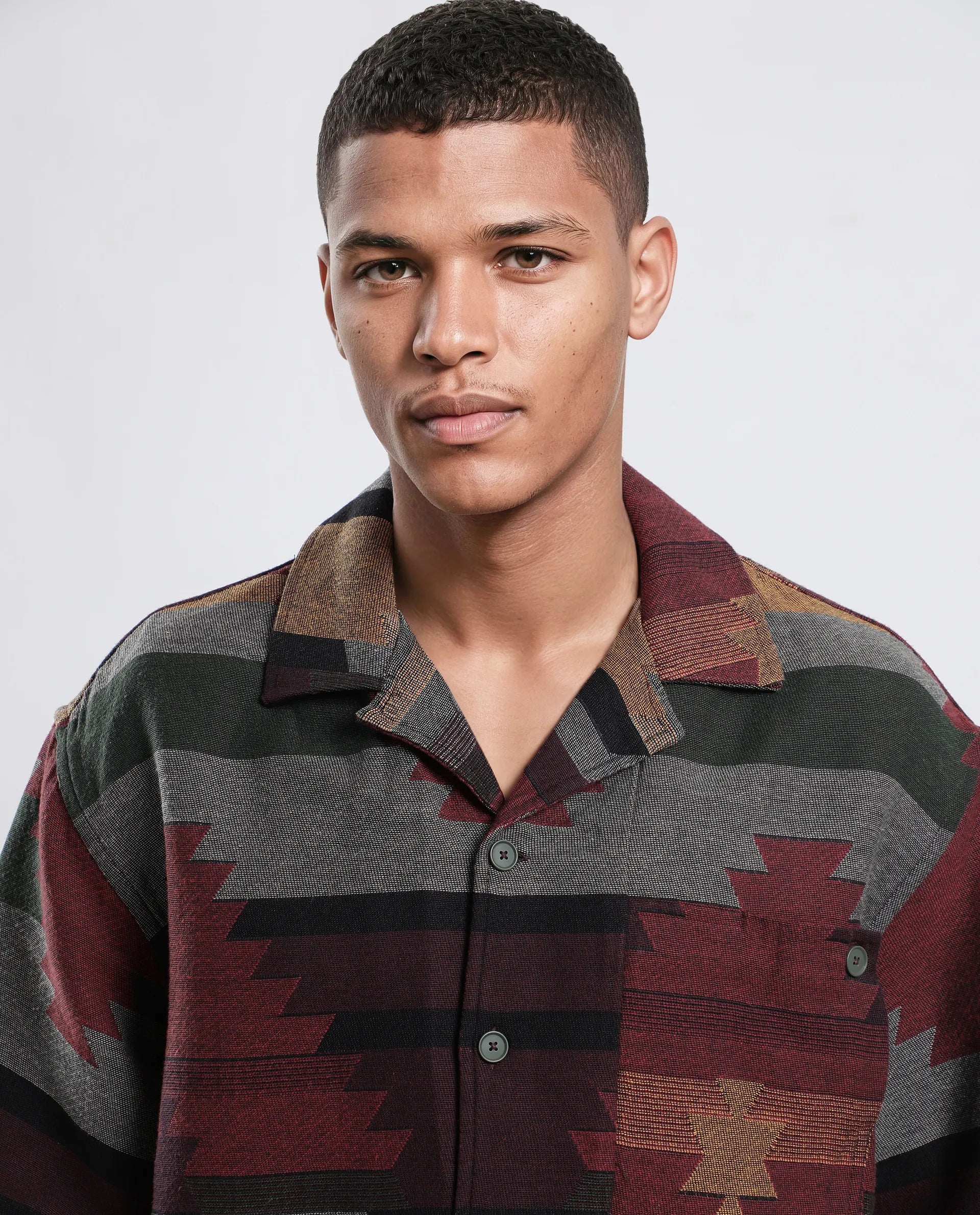 Rare Rabbit Men's Tri Maroon Cotton Jacquard Boxy Fit Half Sleeve Collared Shirt