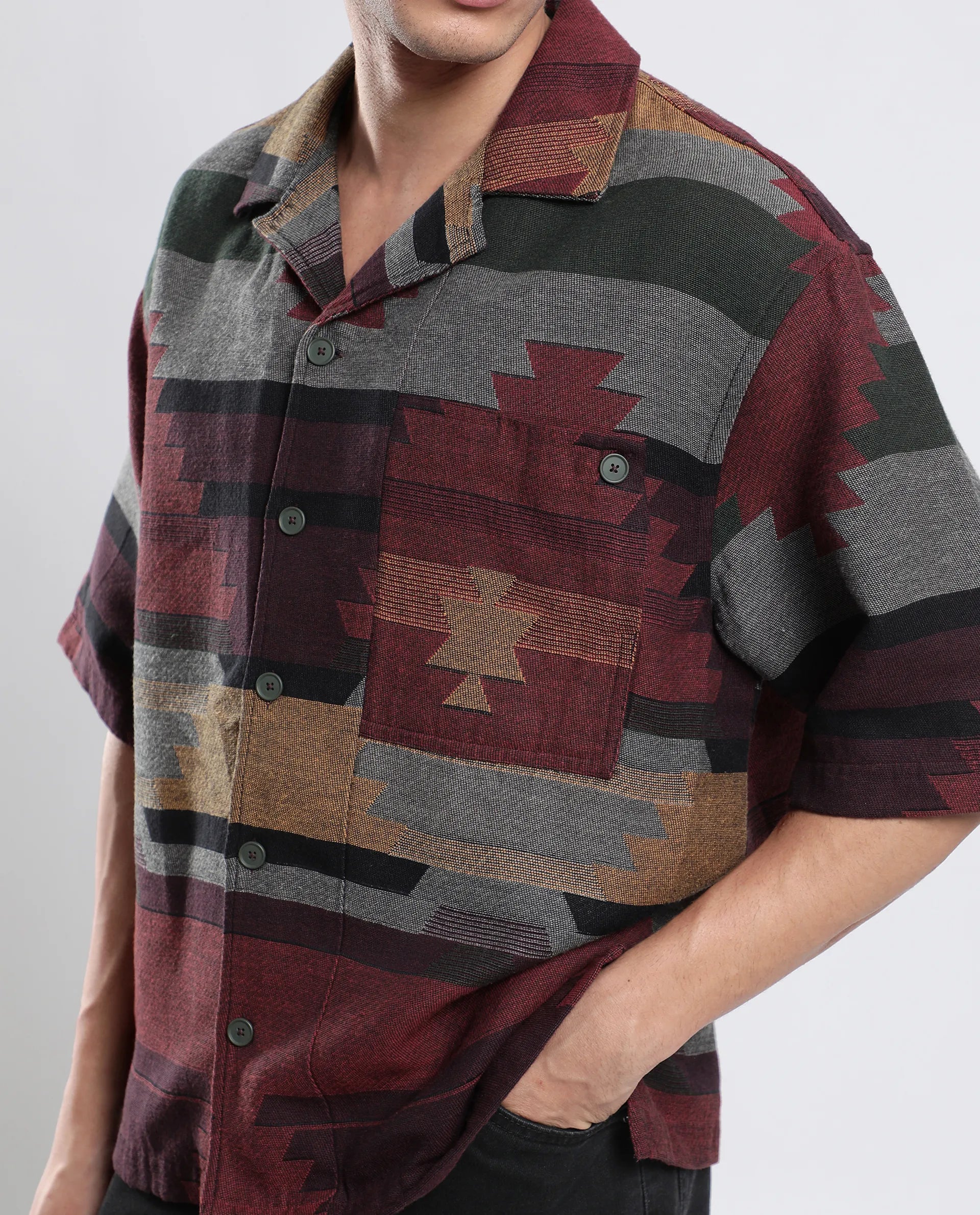 Rare Rabbit Men's Tri Maroon Cotton Jacquard Boxy Fit Half Sleeve Collared Shirt