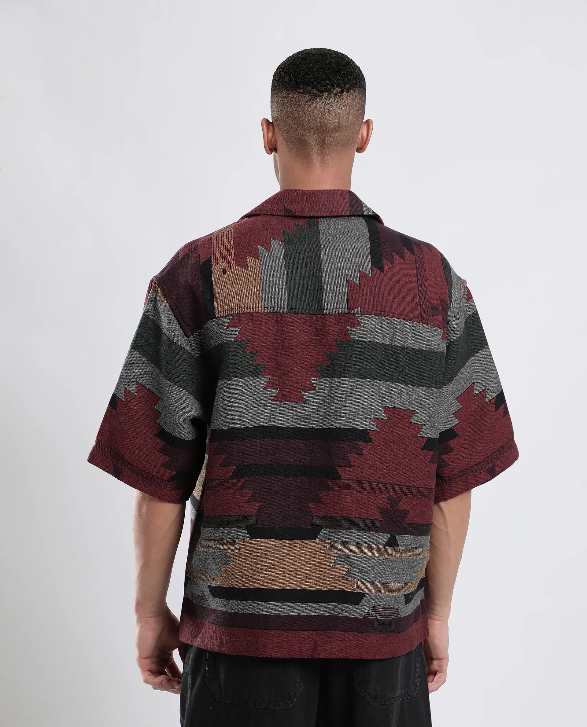 Rare Rabbit Men's Tri Maroon Cotton Jacquard Boxy Fit Half Sleeve Collared Shirt