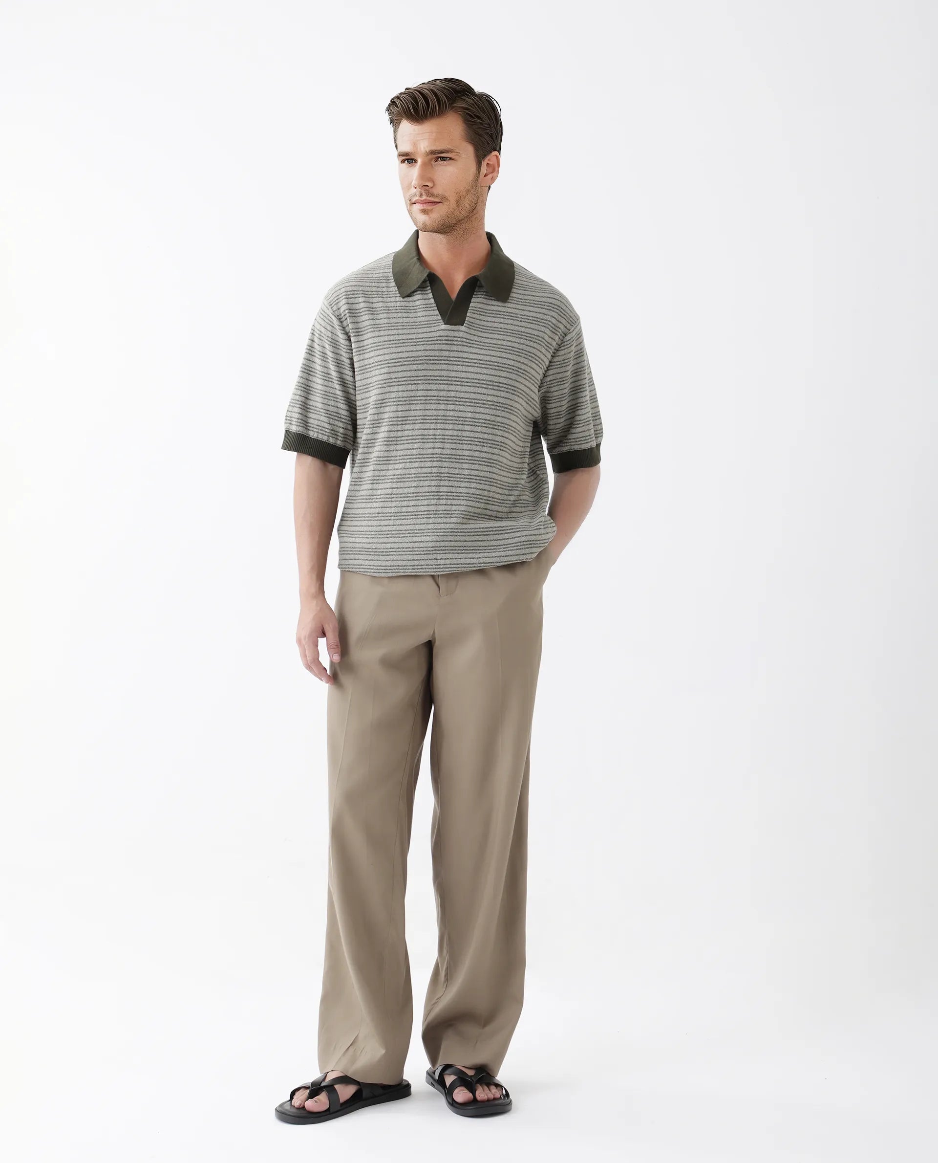 Rare Rabbit Men's Trin Dark Olive Cotton Striped Print Regular Fit Half Sleeve Polo