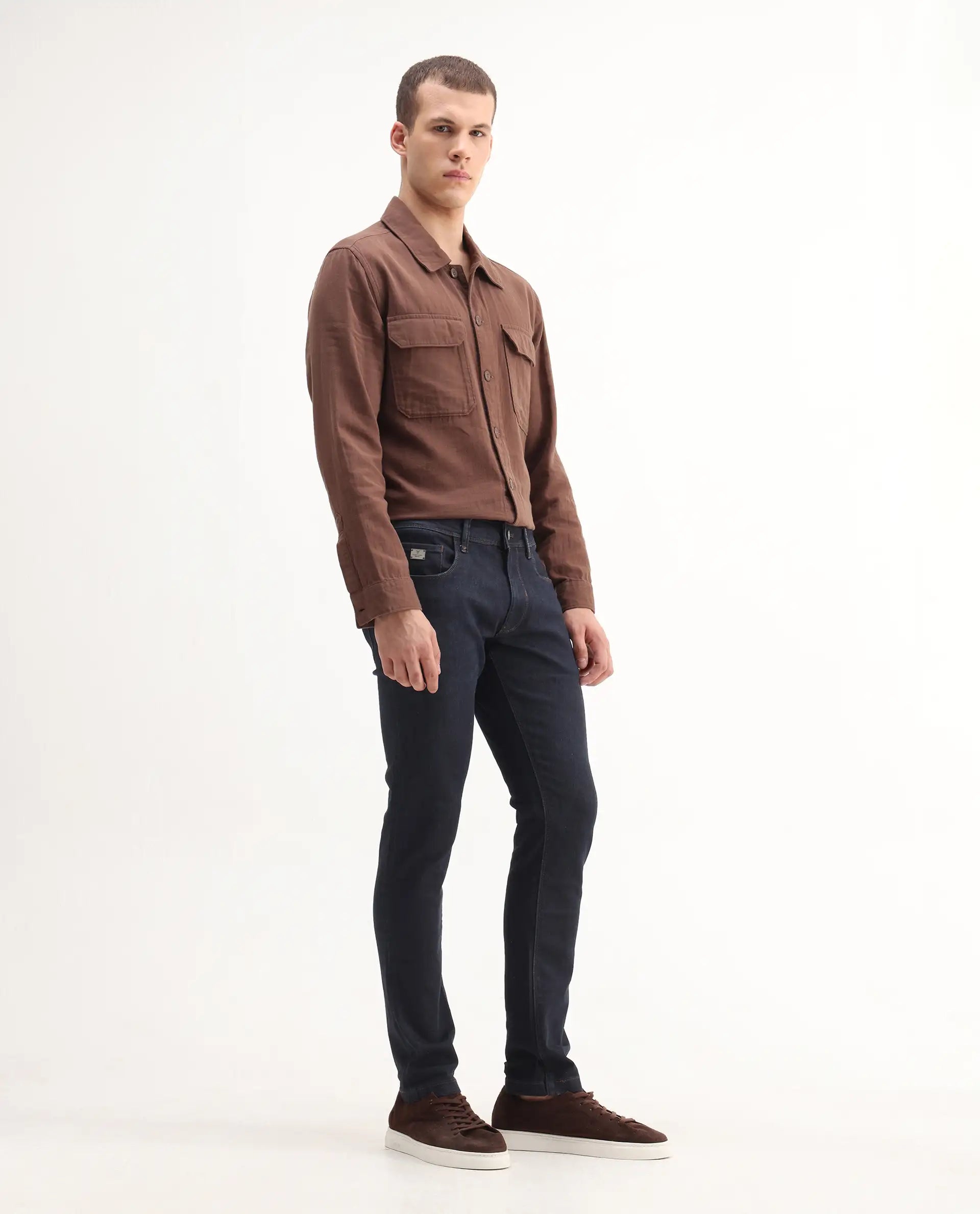 Rare Rabbit Men's Trinity Blue Cotton Plain Hawk Slim Fit Jeans