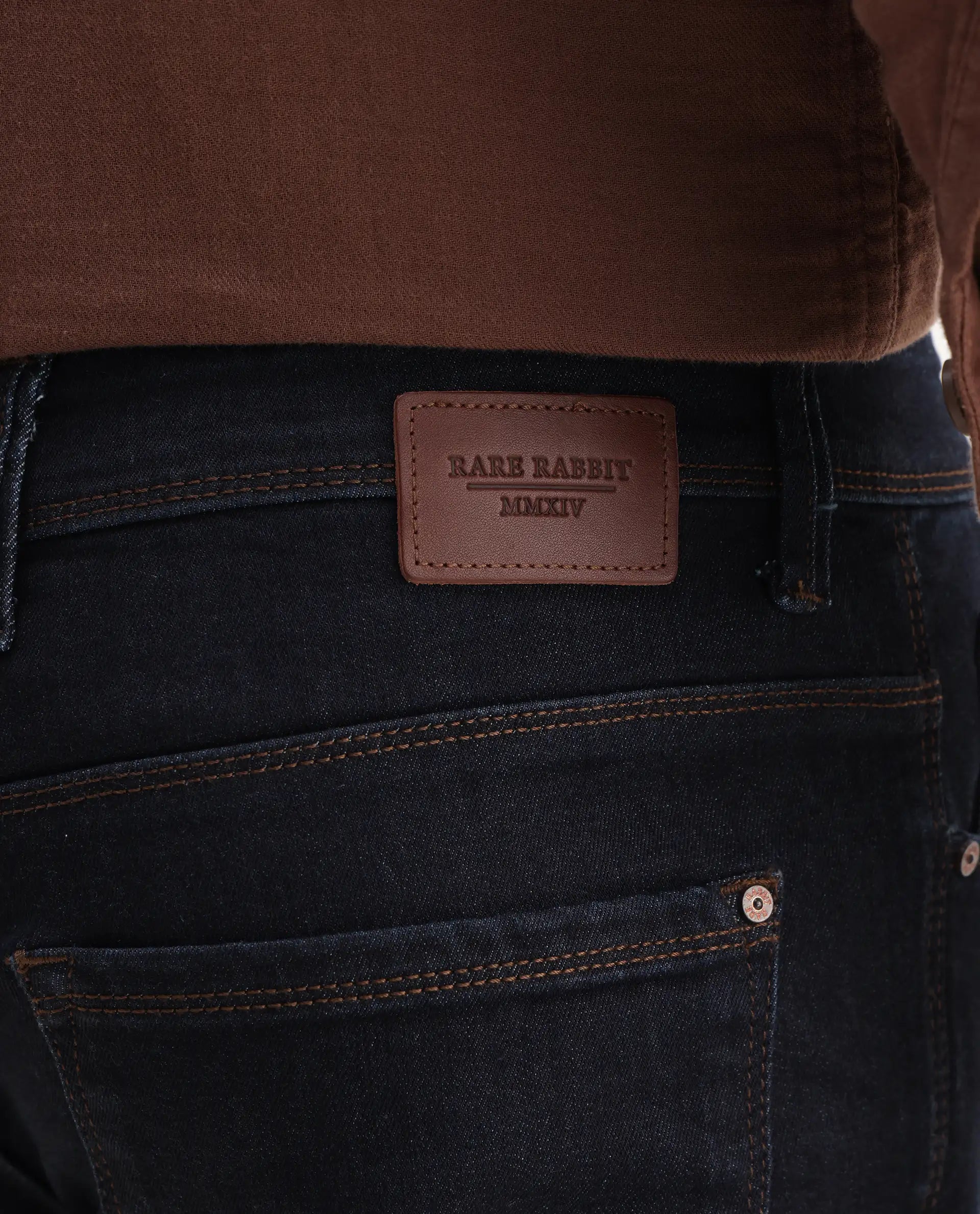 Rare Rabbit Men's Trinity Blue Cotton Plain Hawk Slim Fit Jeans