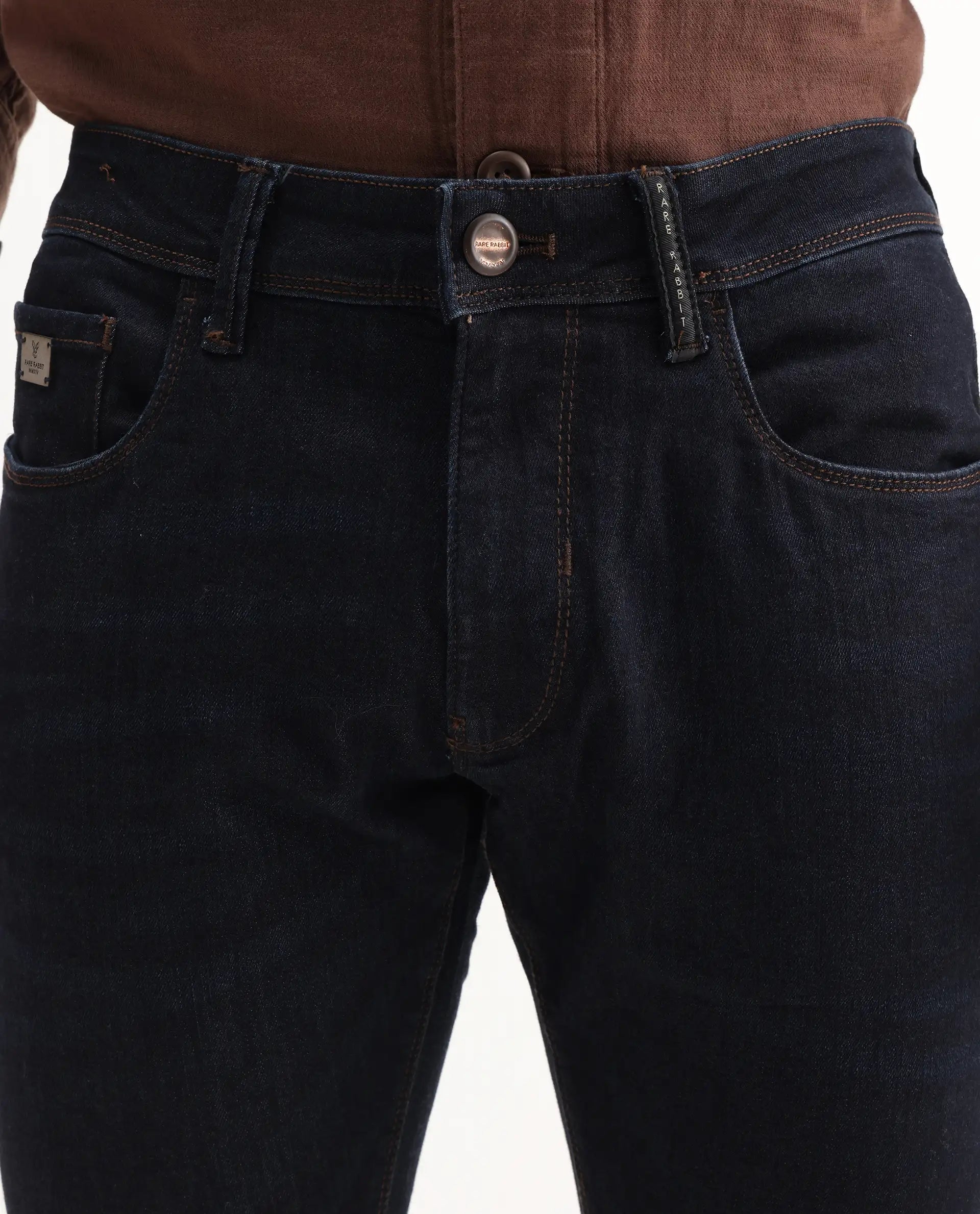 Rare Rabbit Men's Trinity Blue Cotton Plain Hawk Slim Fit Jeans