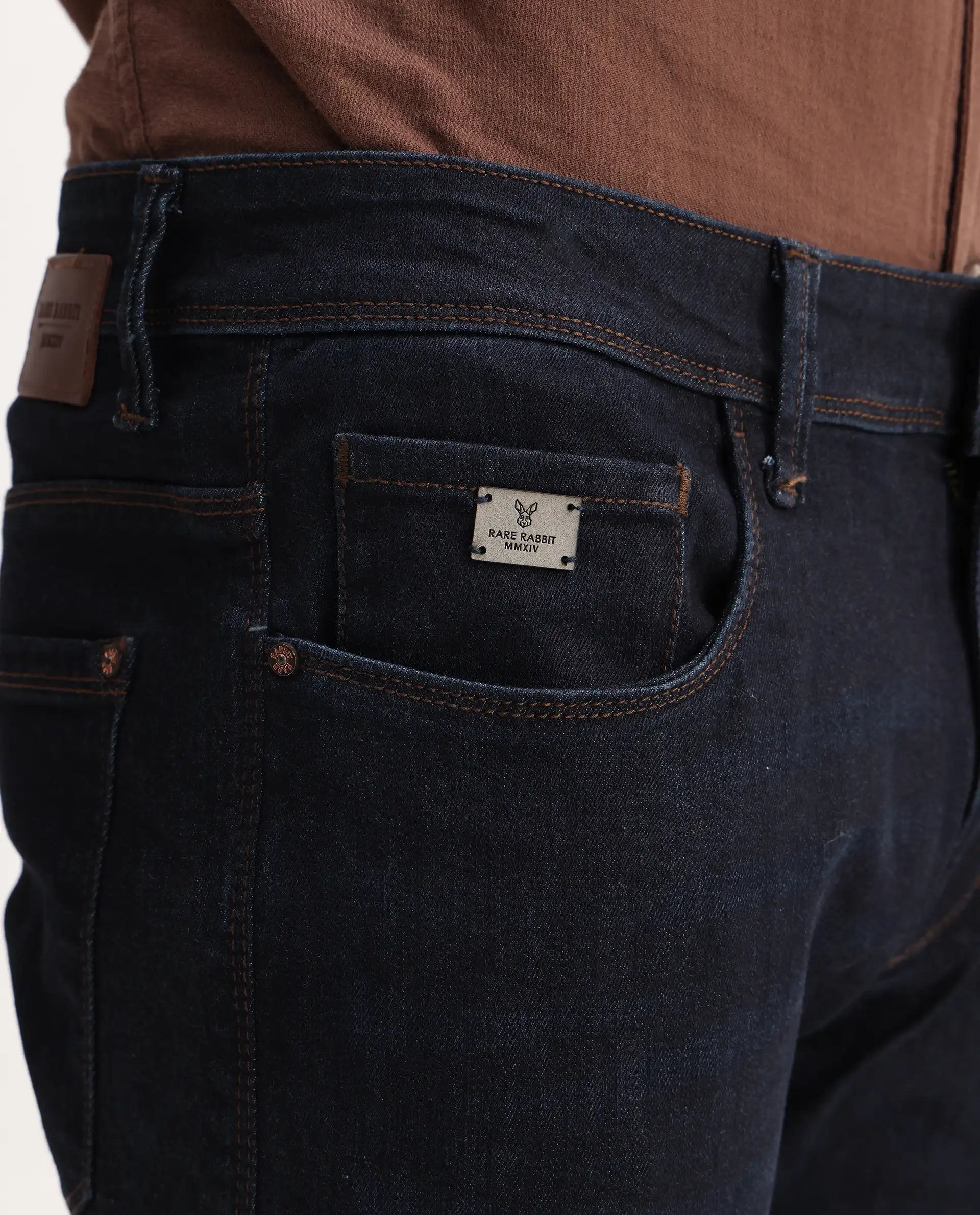 Rare Rabbit Men's Trinity Blue Cotton Plain Hawk Slim Fit Jeans