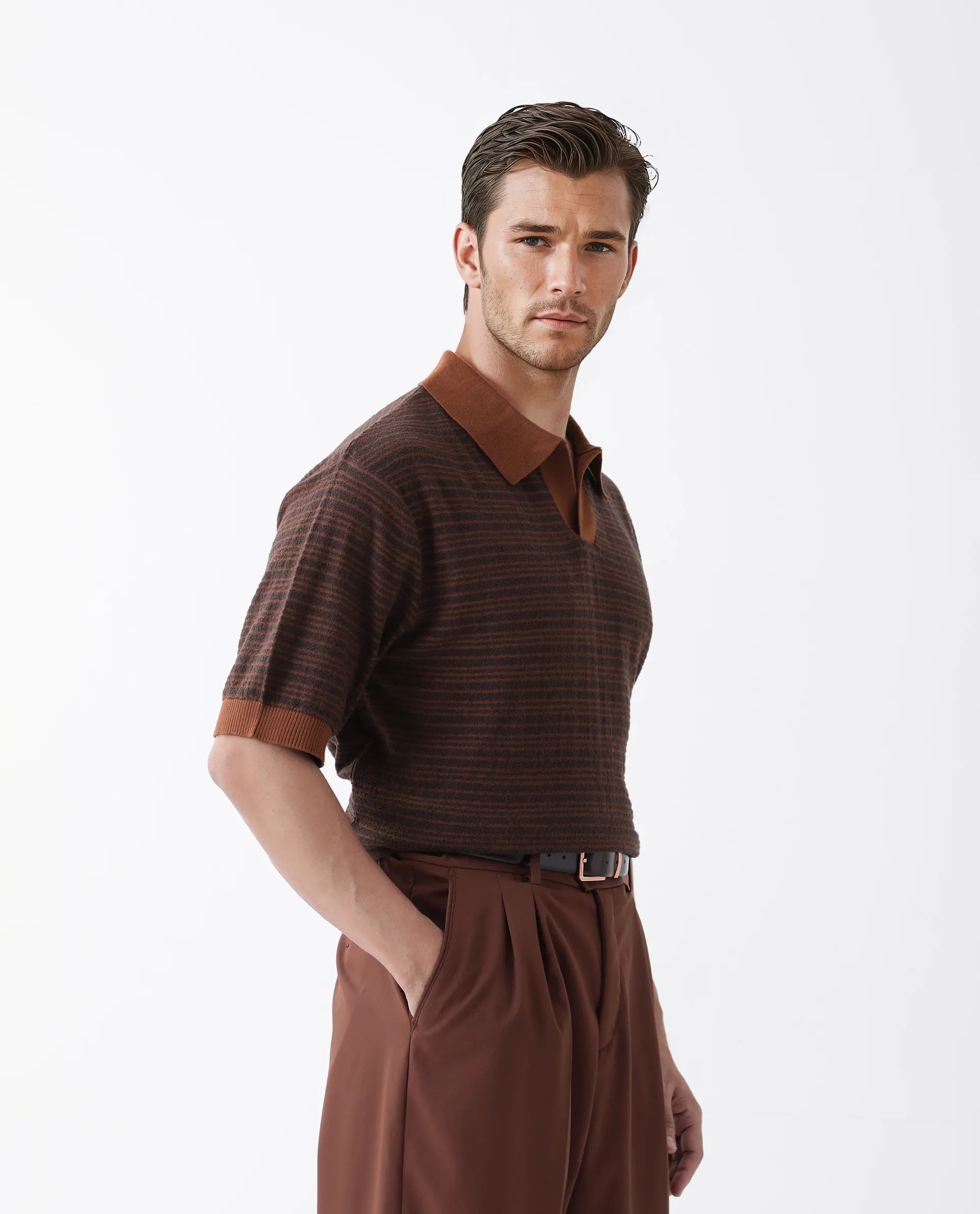 Rare Rabbit Men's Trin Rust Cotton Striped Print Regular Fit Half Sleeve Polo