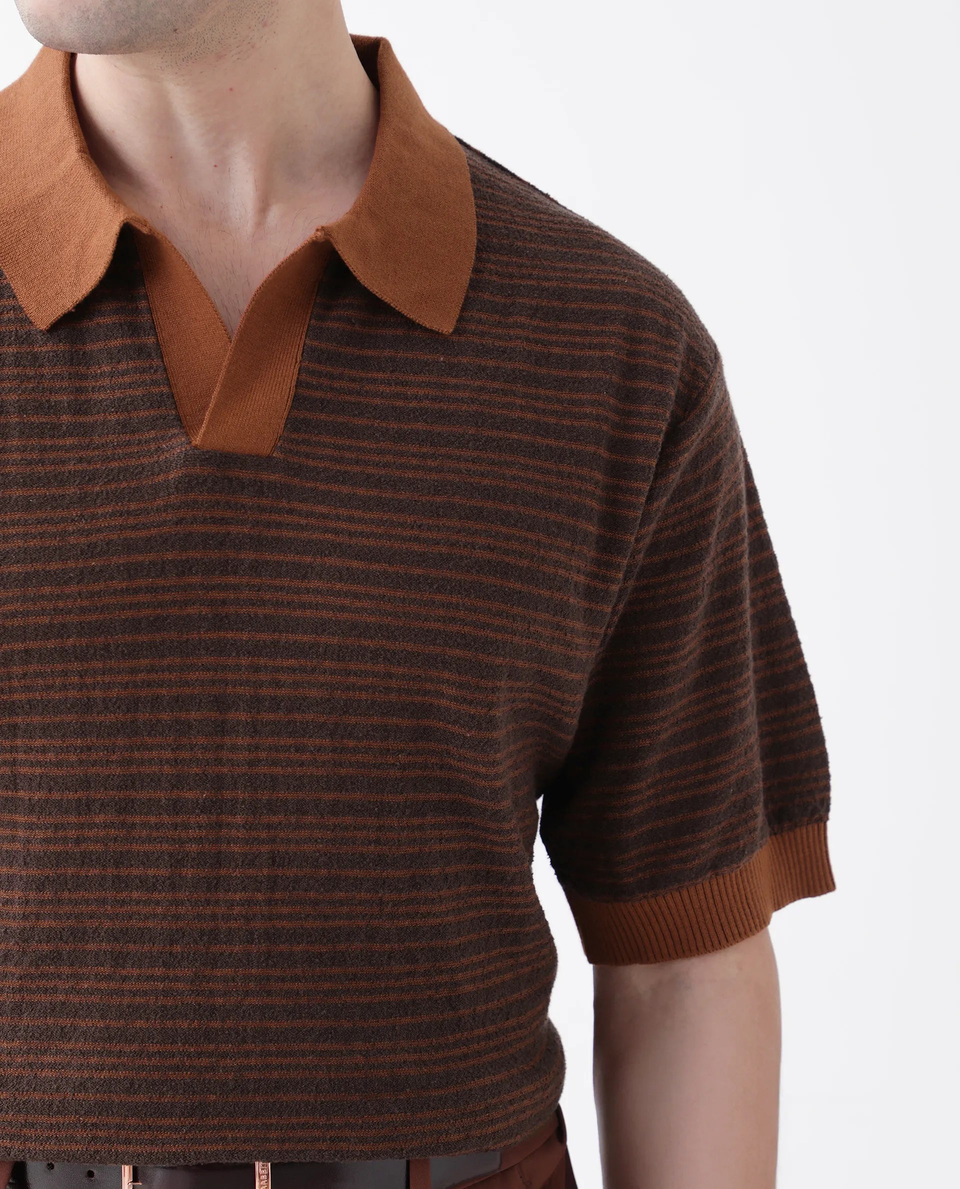 Rare Rabbit Men's Trin Rust Cotton Striped Print Regular Fit Half Sleeve Polo