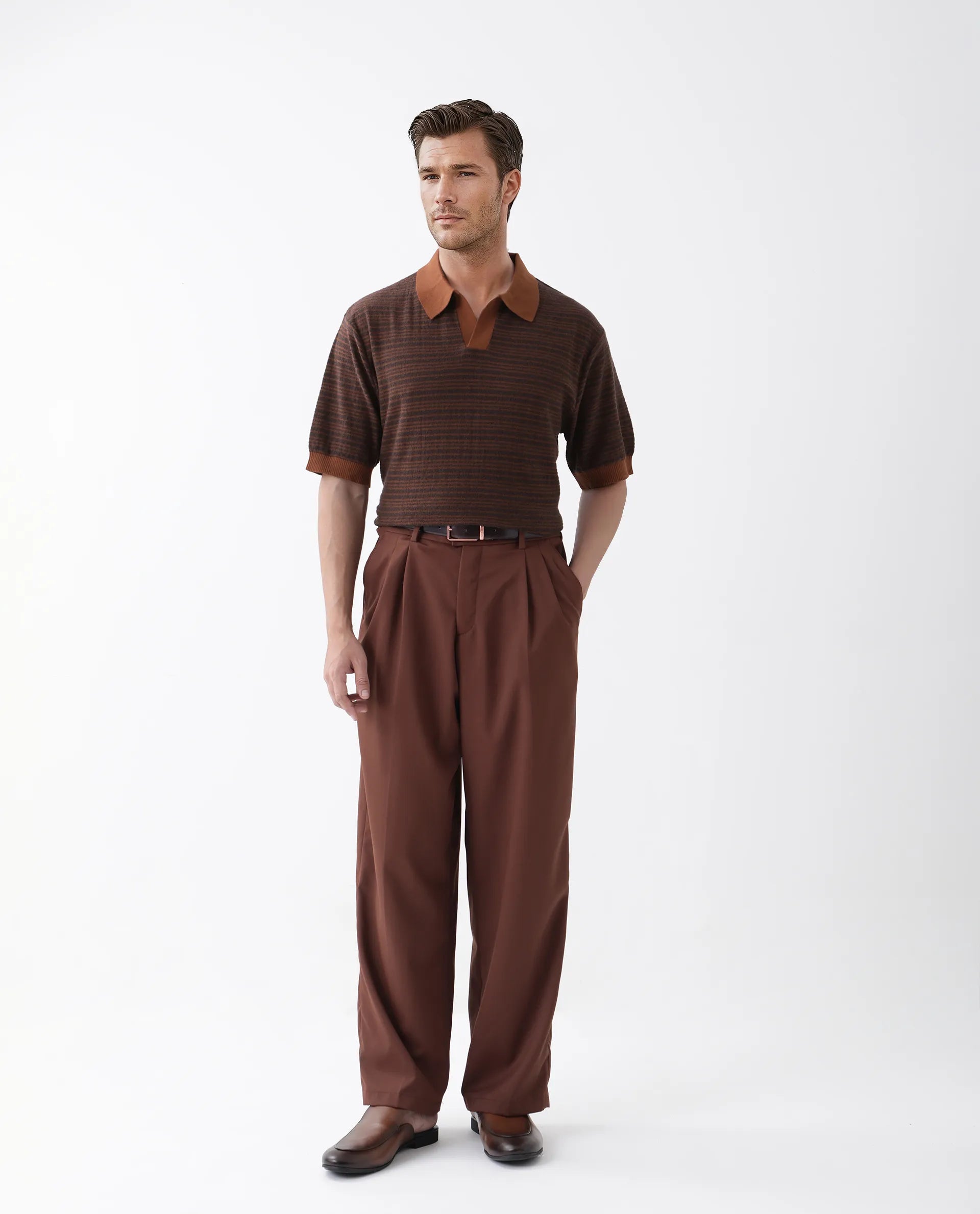 Rare Rabbit Men's Trin Rust Cotton Striped Print Regular Fit Half Sleeve Polo