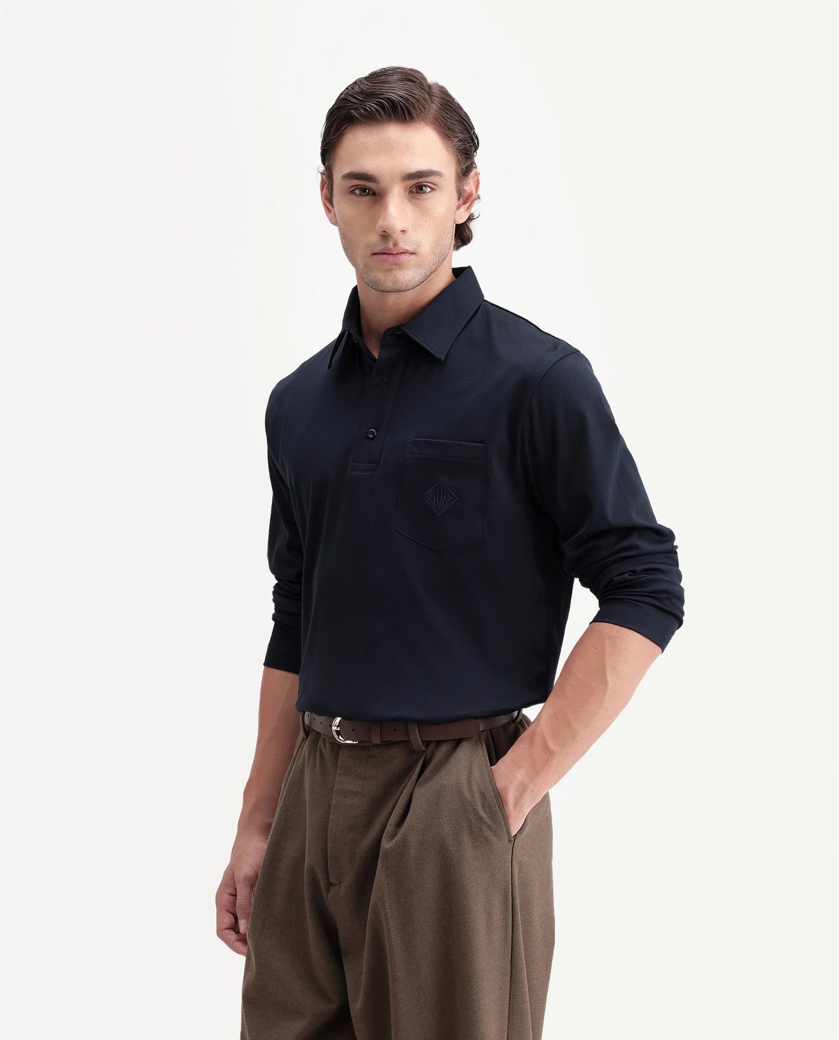Rare Rabbit Men's Trio Navy Cotton Spread Collar Regular Plain Polo