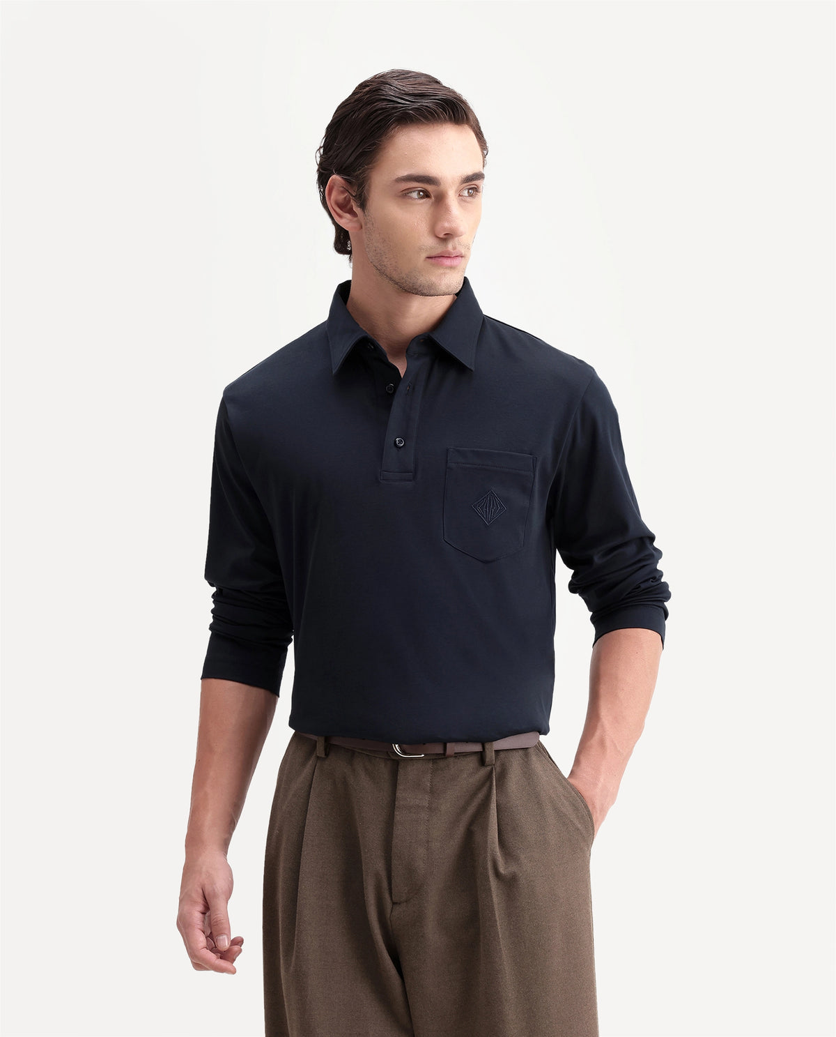 Rare Rabbit Men's Trio Navy Cotton Spread Collar Regular Plain Polo