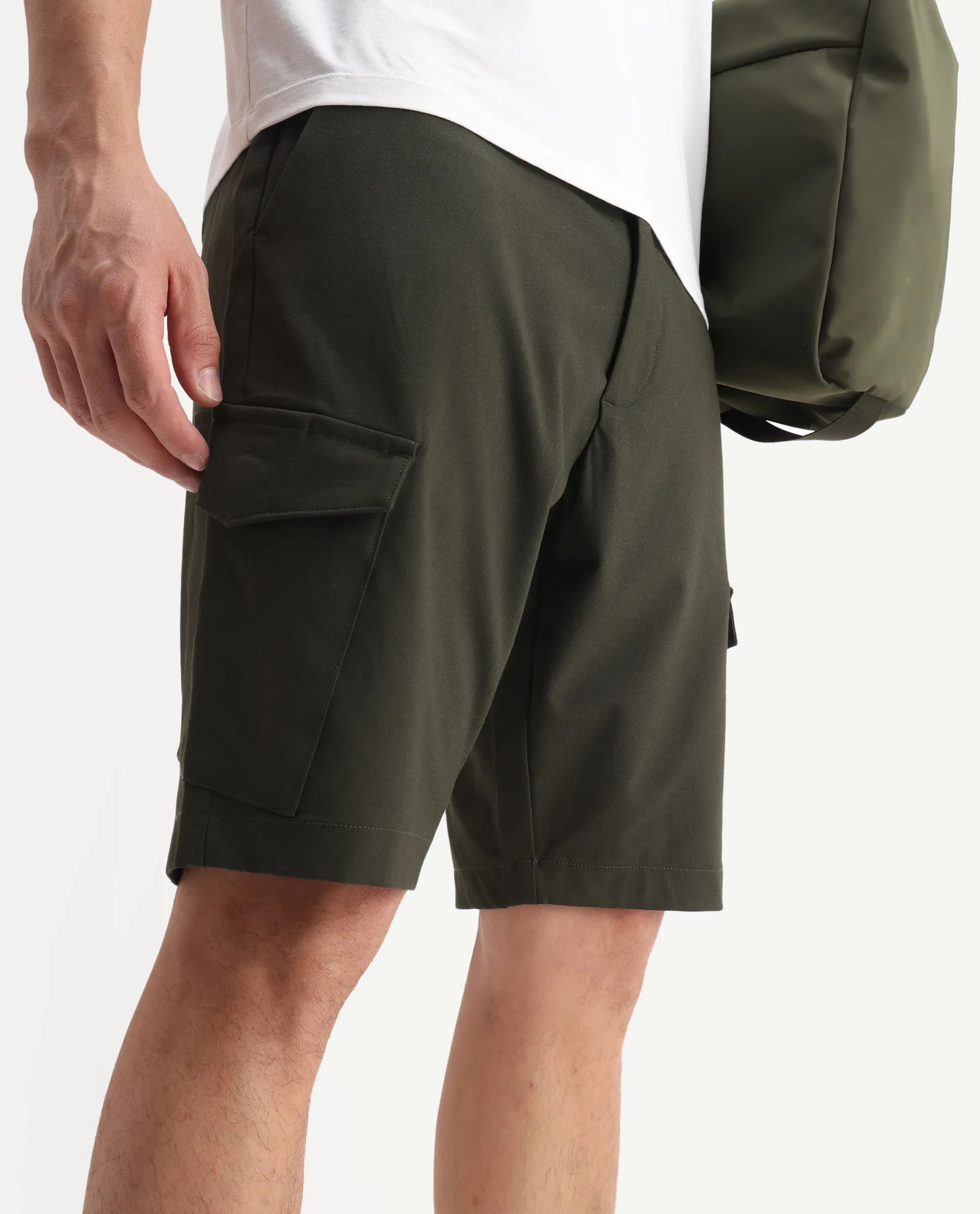 Rare Rabbit Men Tripco-Aw25 Dark Green Polyester Blend Plain Relaxed Fit Shorts