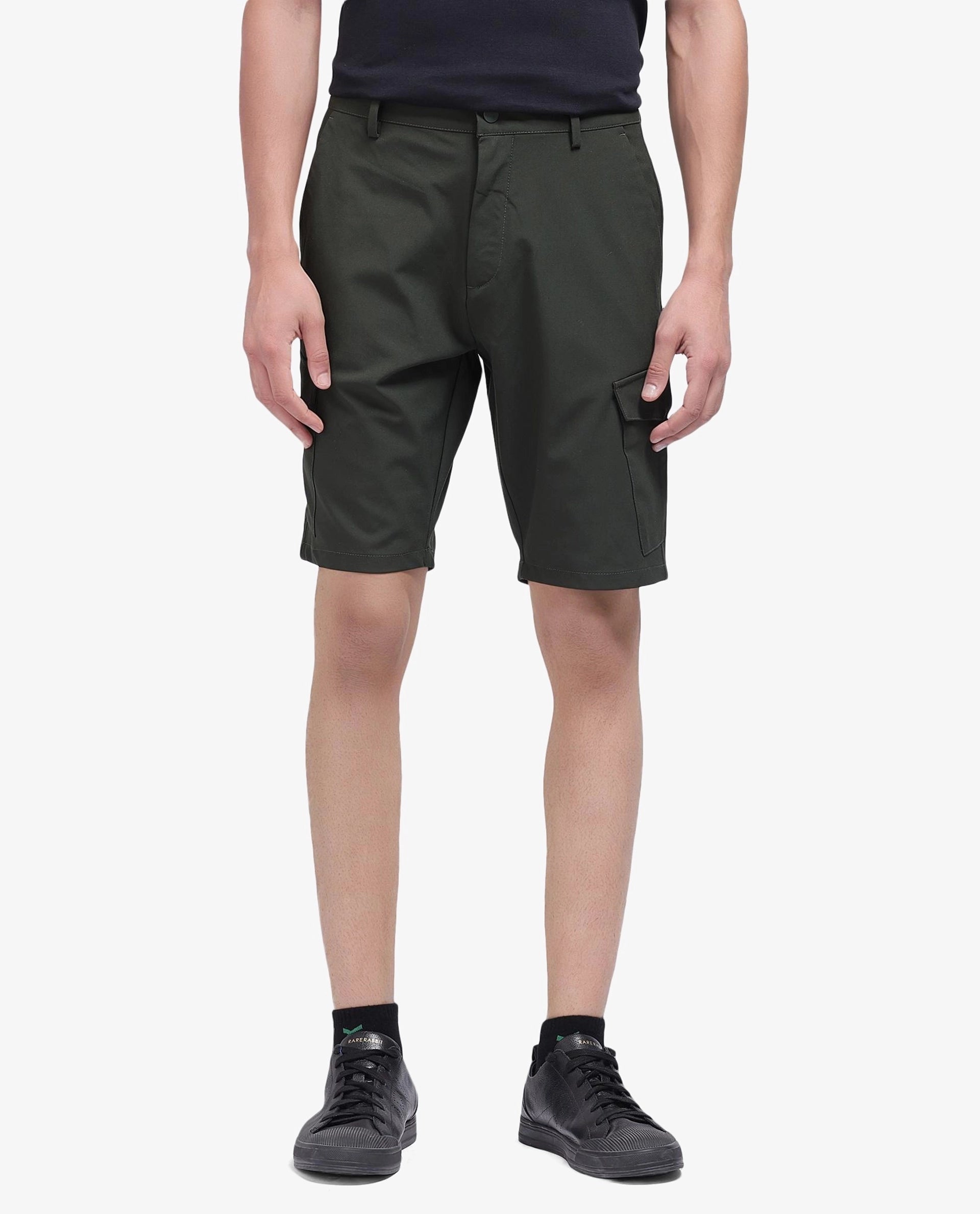 Rare Rabbit Men Tripco Olive Button And Zip Closure Mid-Rise Relaxed Fit Plain Shorts