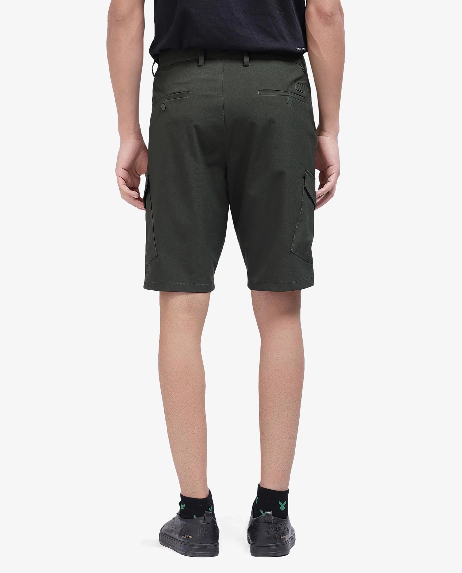 Rare Rabbit Men Tripco Olive Button And Zip Closure Mid-Rise Relaxed Fit Plain Shorts