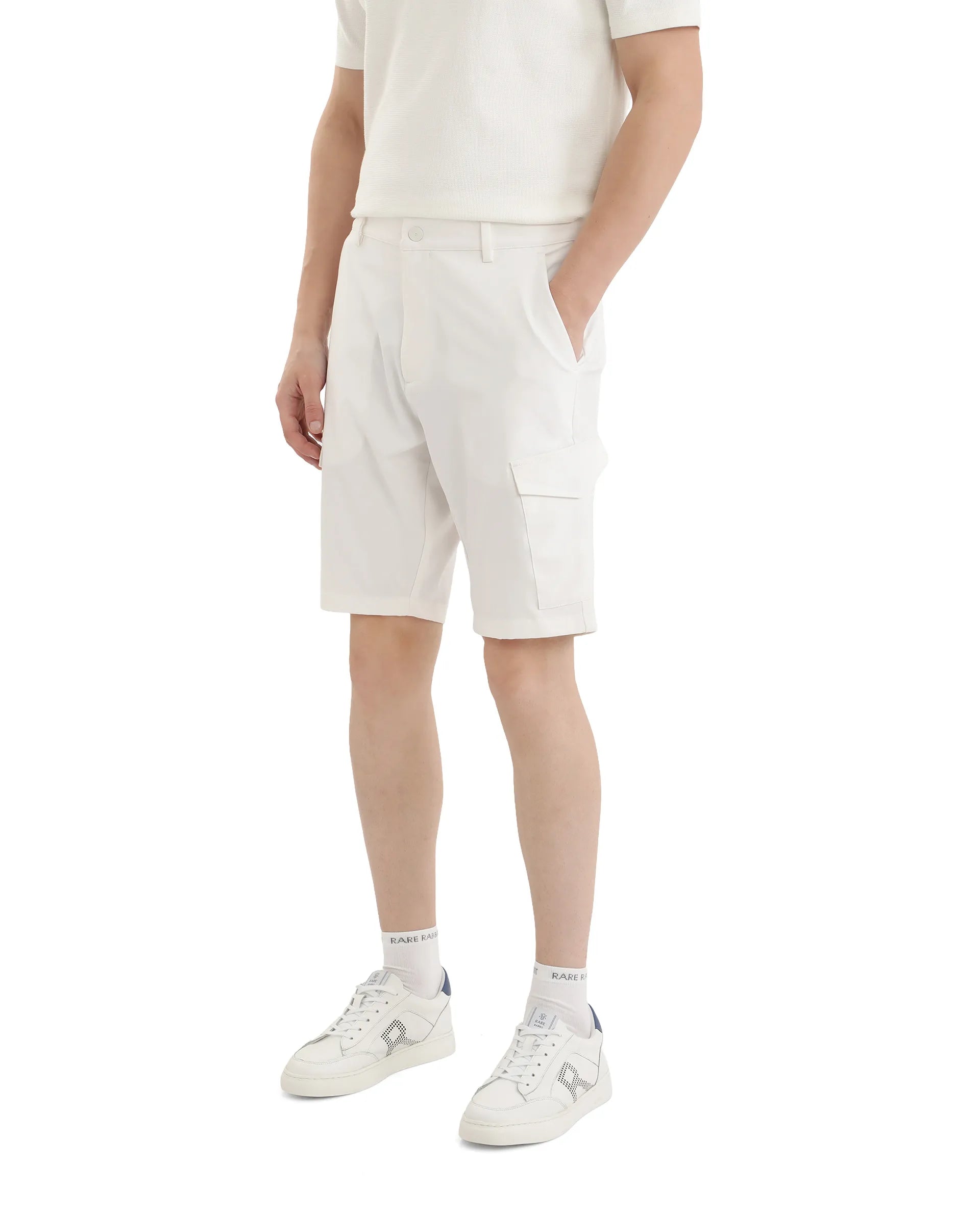 Rare Rabbit Men Tripco White Button And Zip Closure Mid-Rise Relaxed Fit Plain Shorts
