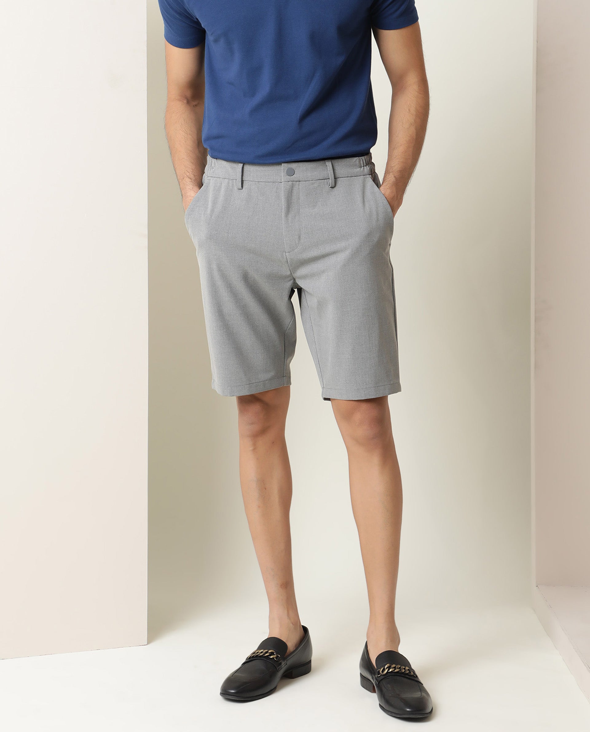 Rare Rabbit Men's Trip Grey Regular Fit Mid Rise Knee Length Shorts