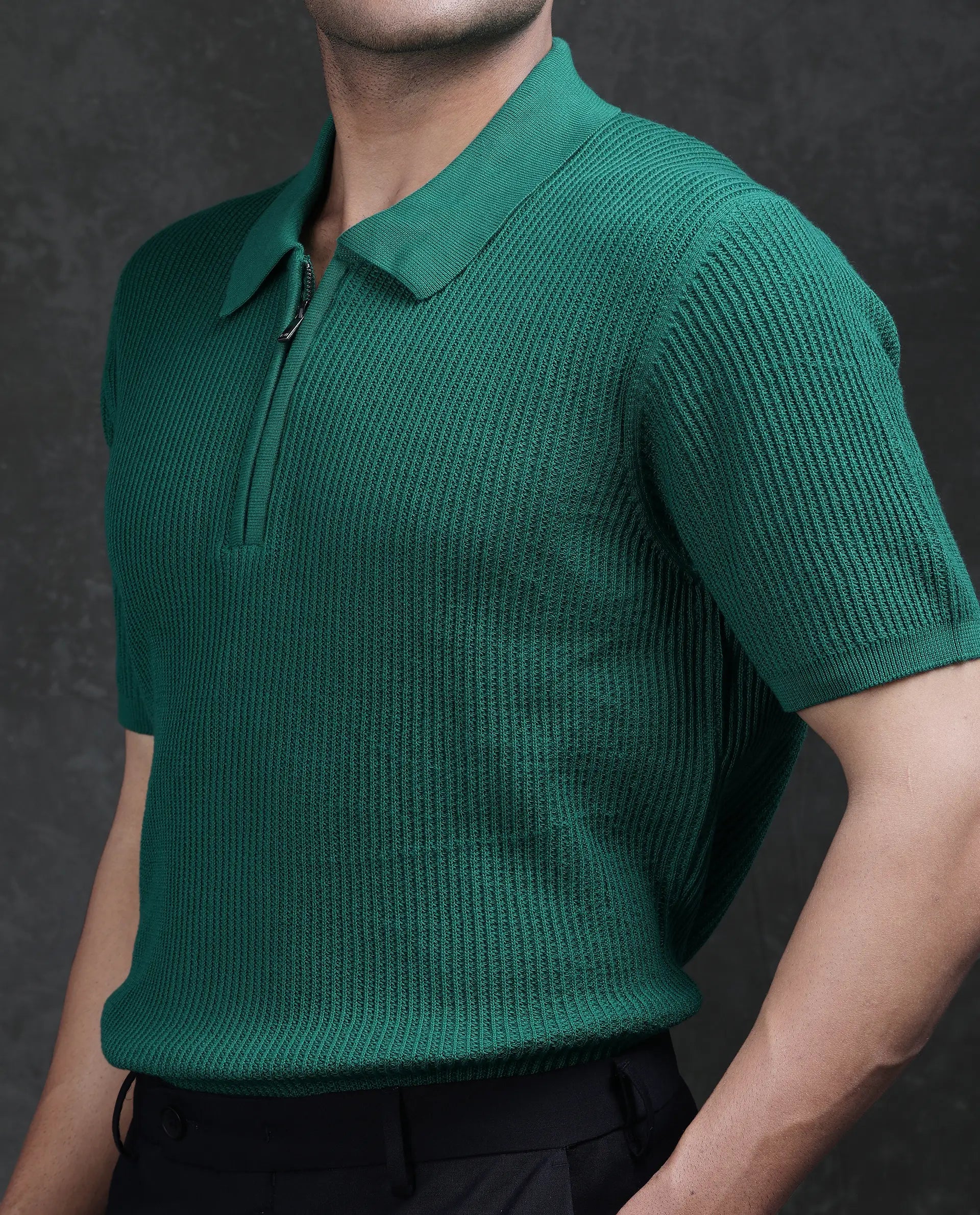 Rare Rabbit Men's Tris Green Cotton Plain Regular Fit Half Sleeve Polo