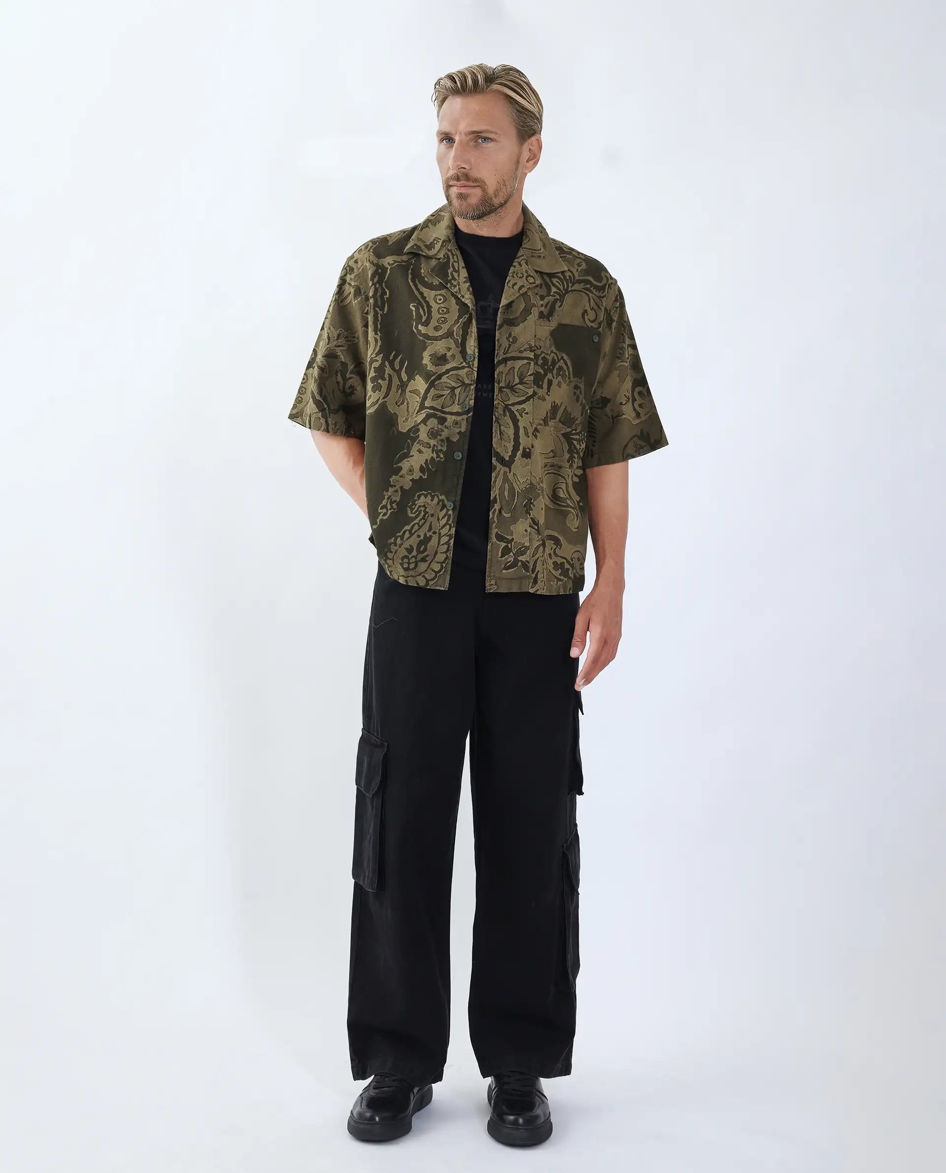 Rare Rabbit Men's Trish Olive Cotton Paisley Print Boxy Fit Half Sleeve Collared Shirt