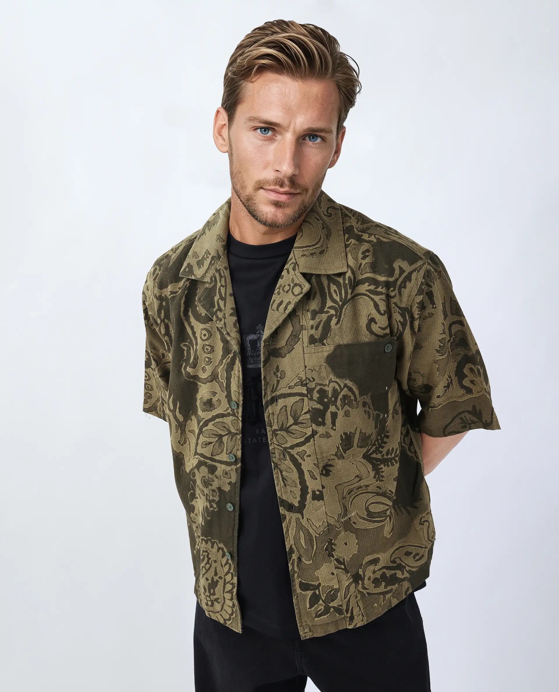 Rare Rabbit Men's Trish Olive Cotton Paisley Print Boxy Fit Half Sleeve Collared Shirt