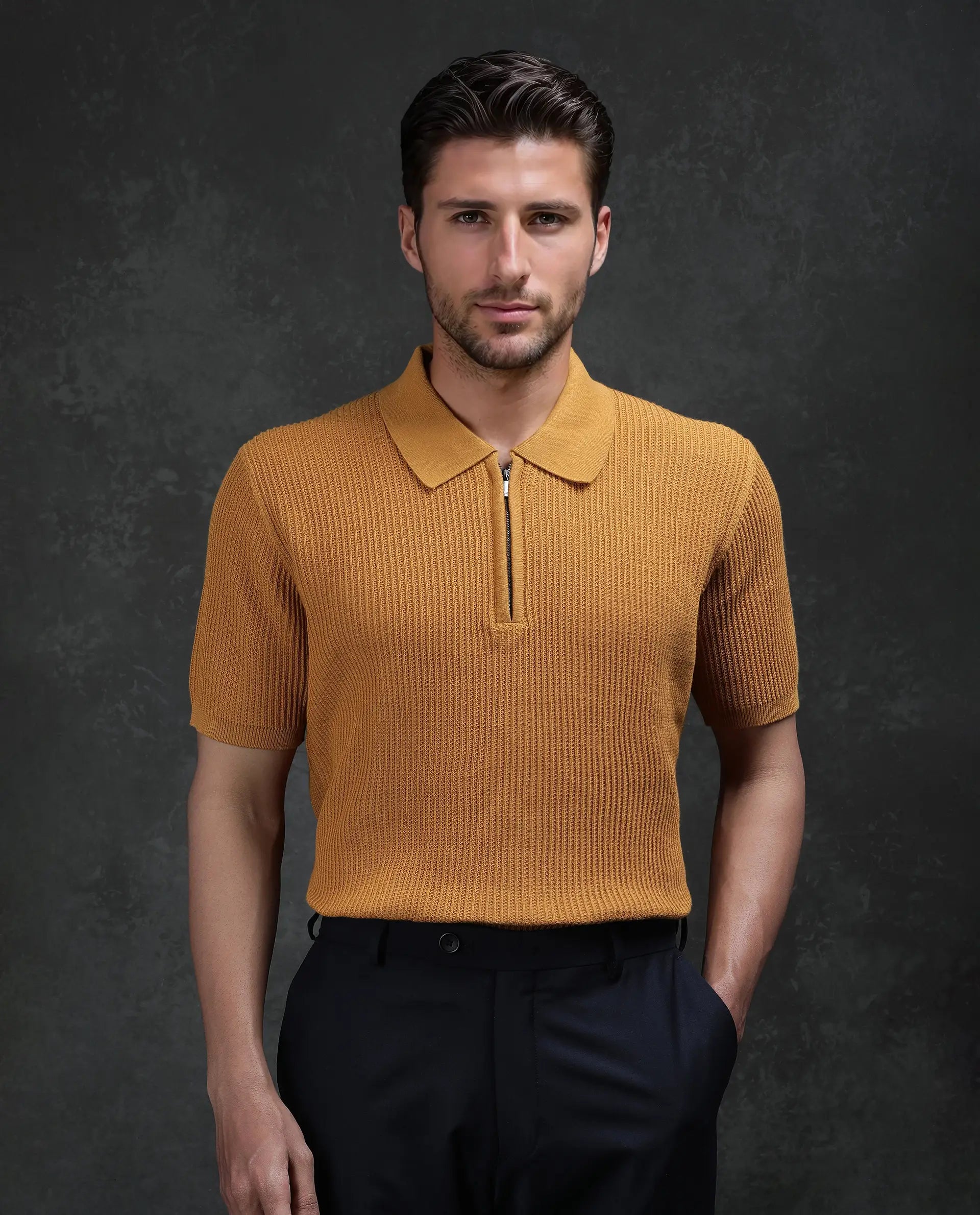 Rare Rabbit Men's Tris Dark Mustard Cotton Plain Regular Fit Half Sleeve Polo