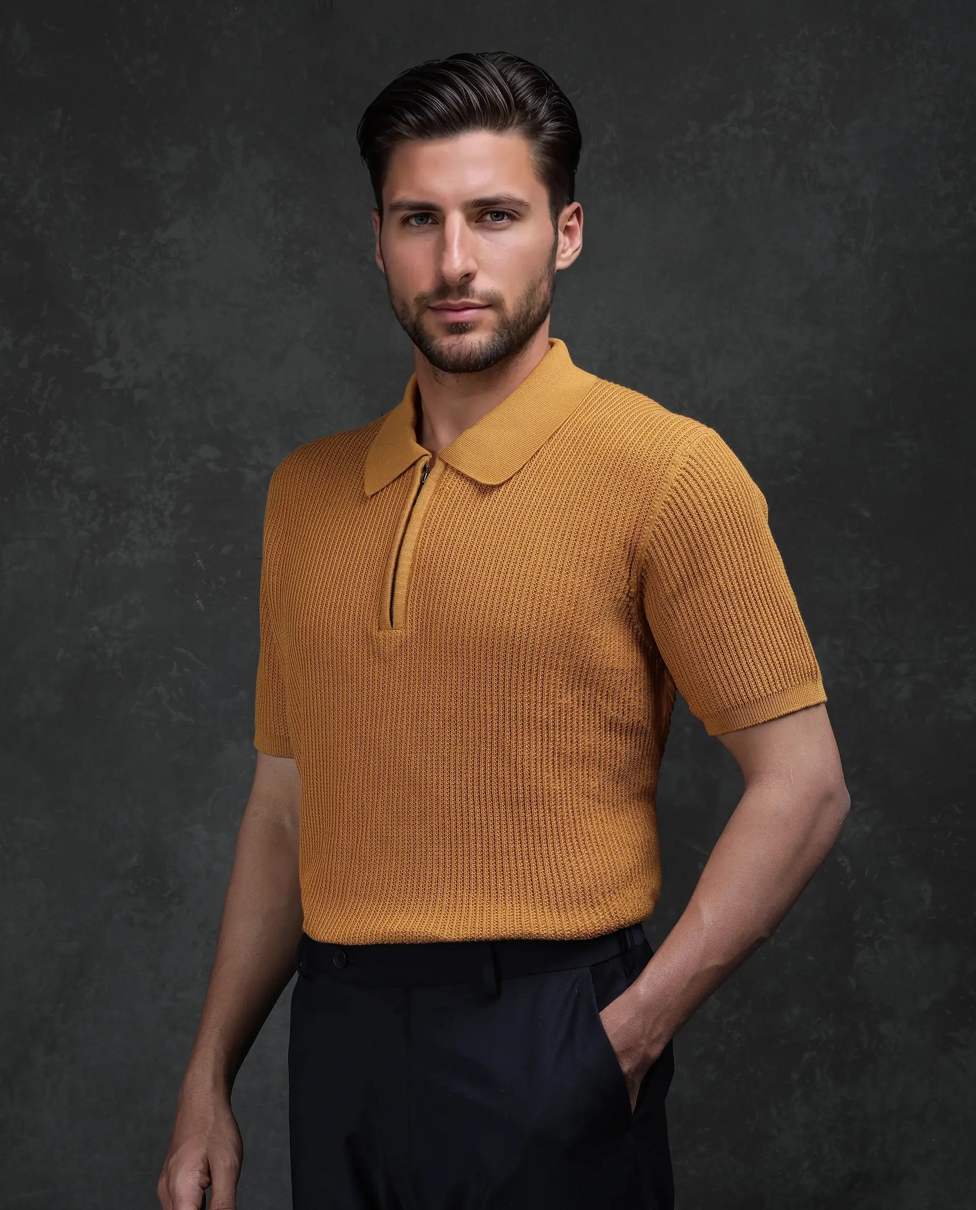 Rare Rabbit Men's Tris Dark Mustard Cotton Plain Regular Fit Half Sleeve Polo