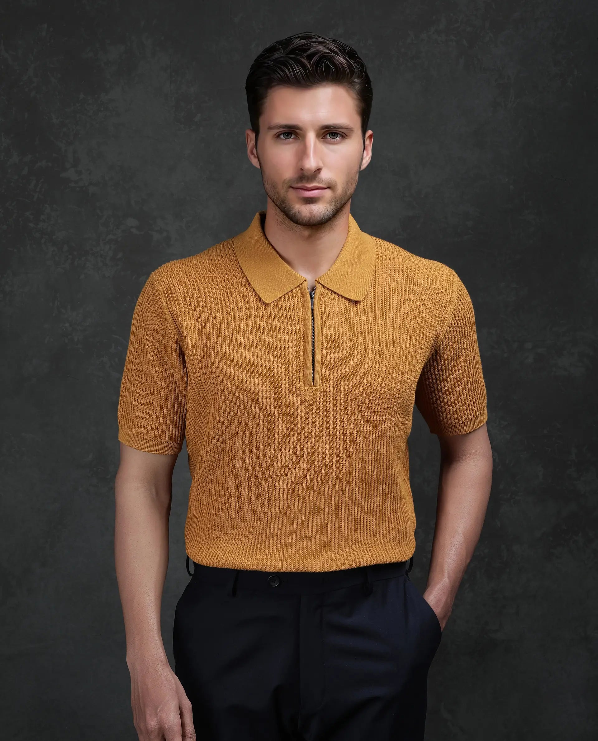Rare Rabbit Men's Tris Dark Mustard Cotton Plain Regular Fit Half Sleeve Polo