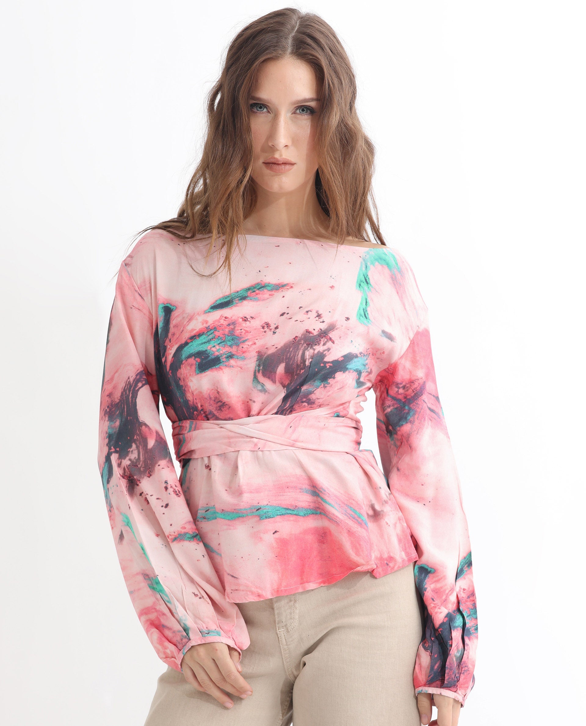 Rareism Women Trivia Multi Viscose Fabric Regular Fit Boat Neck Full Sleeves Abstract Print Top