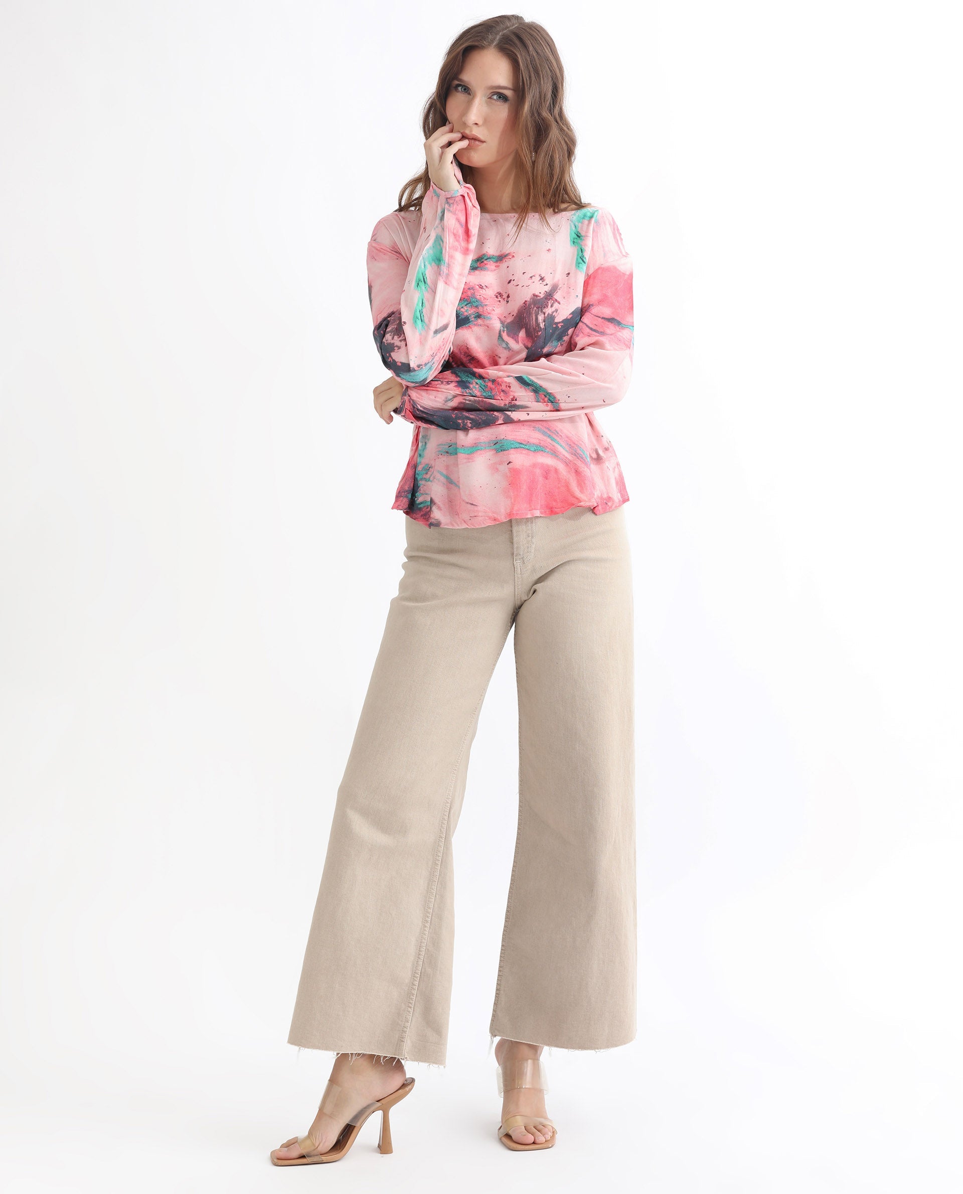 Rareism Women Trivia Multi Viscose Fabric Regular Fit Boat Neck Full Sleeves Abstract Print Top