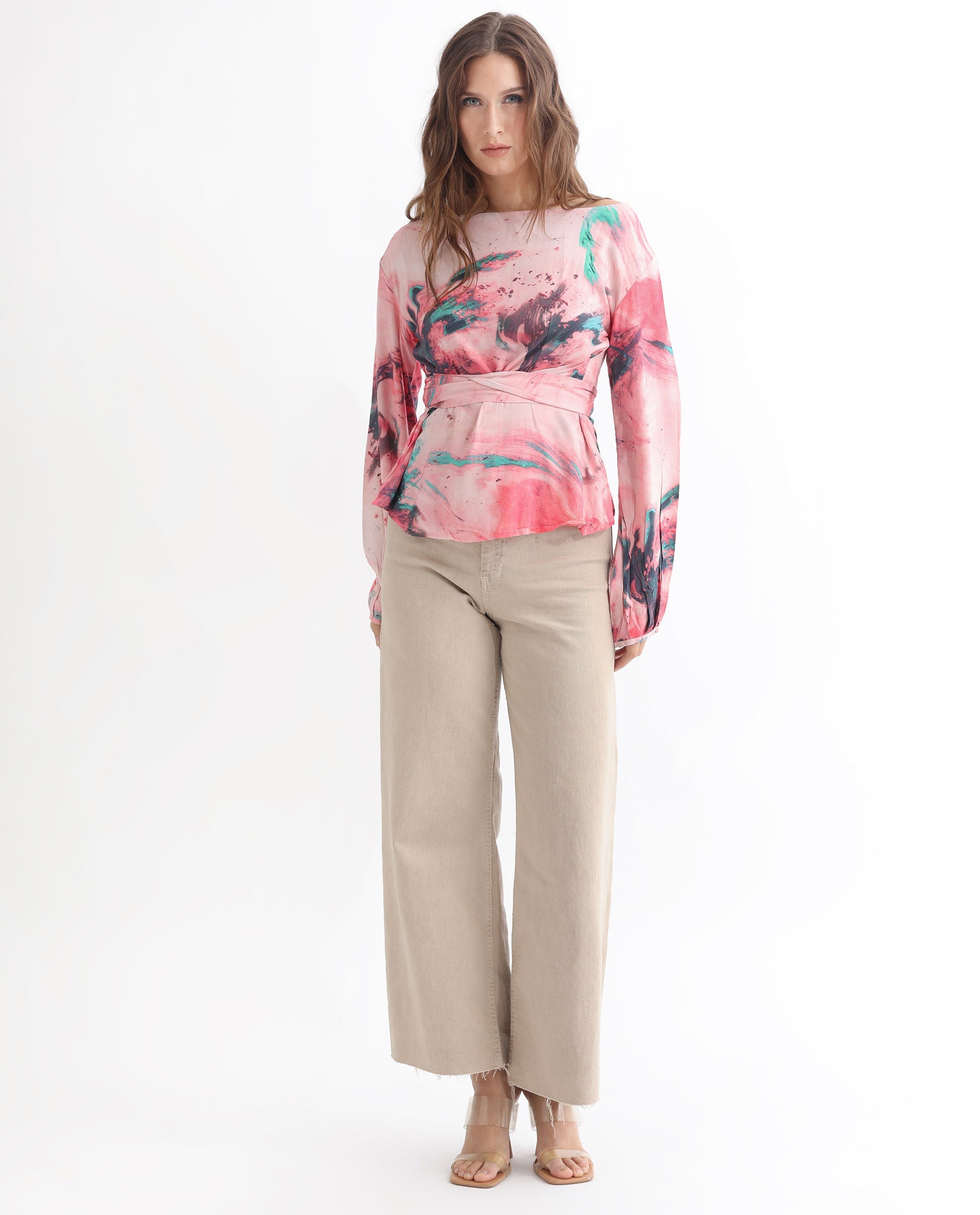 Rareism Women Trivia Multi Viscose Fabric Regular Fit Boat Neck Full Sleeves Abstract Print Top