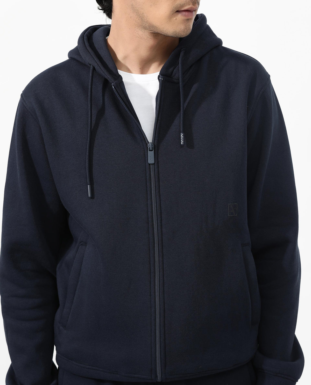 Rare Rabbit Men's Trood Navy Cotton Fabric Full Sleeves Zip Closure Regular Fit Solid Hooded Sweatshirt