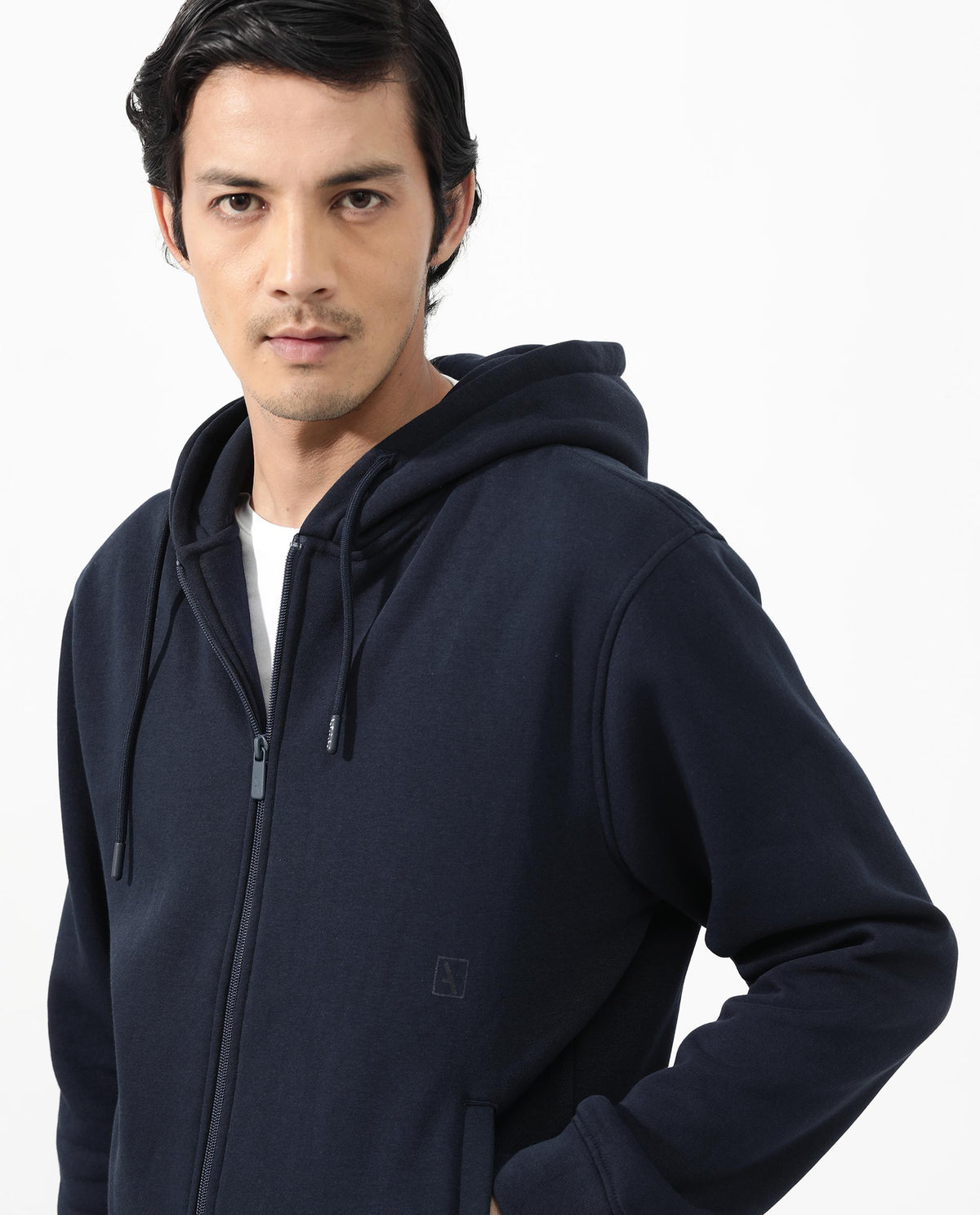 Rare Rabbit Men's Trood Navy Cotton Fabric Full Sleeves Zip Closure Regular Fit Solid Hooded Sweatshirt