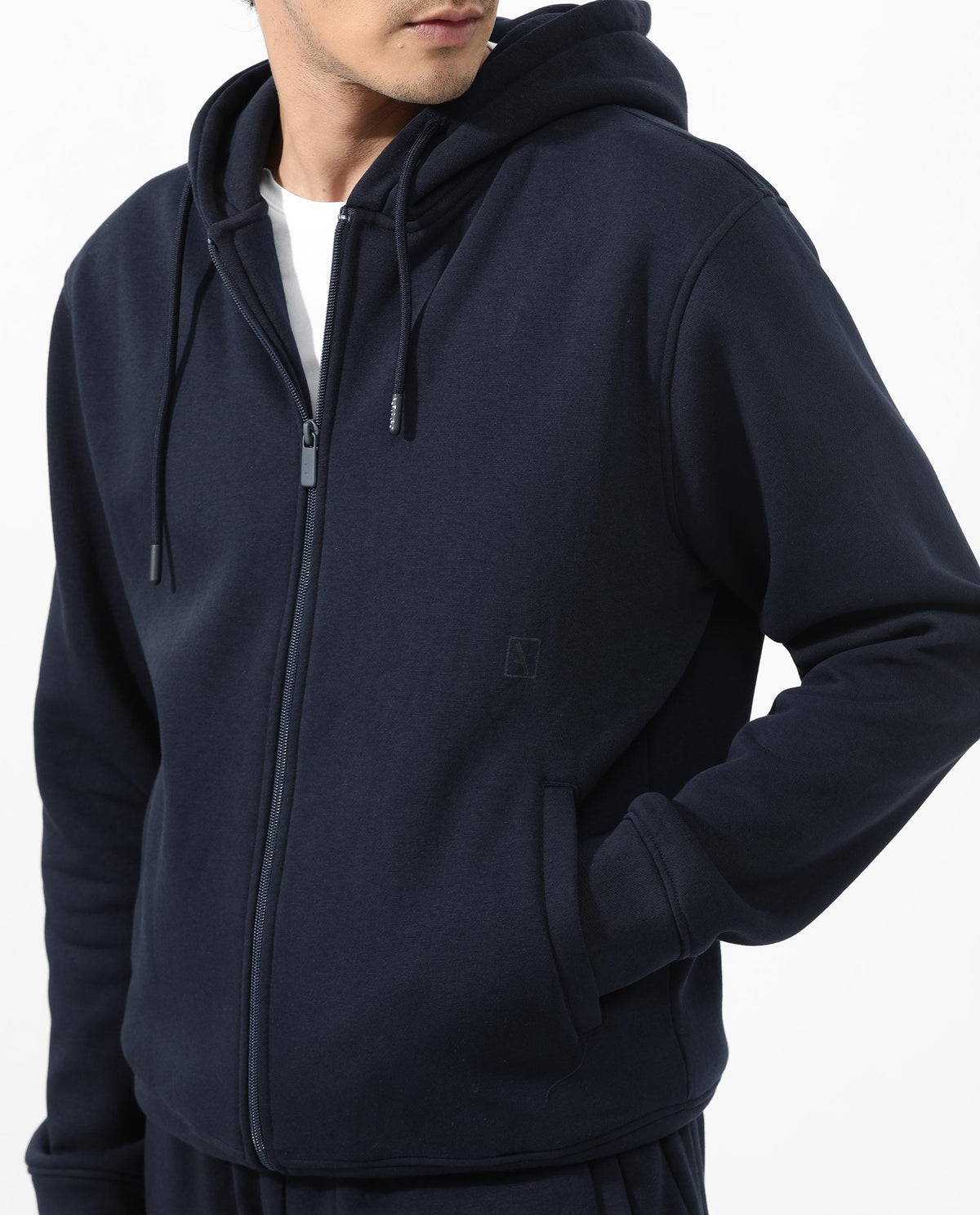 Rare Rabbit Men's Trood Navy Cotton Fabric Full Sleeves Zip Closure Regular Fit Solid Hooded Sweatshirt