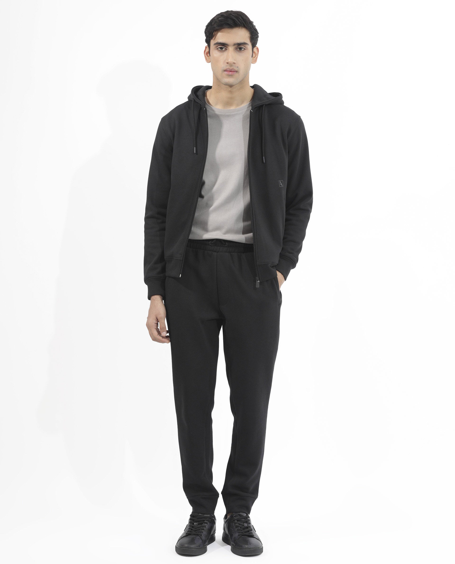 Rare Rabbit Men's Trood Black Cotton Fabric Full Sleeves Zip Closure Regular Fit Solid Hooded Sweatshirt