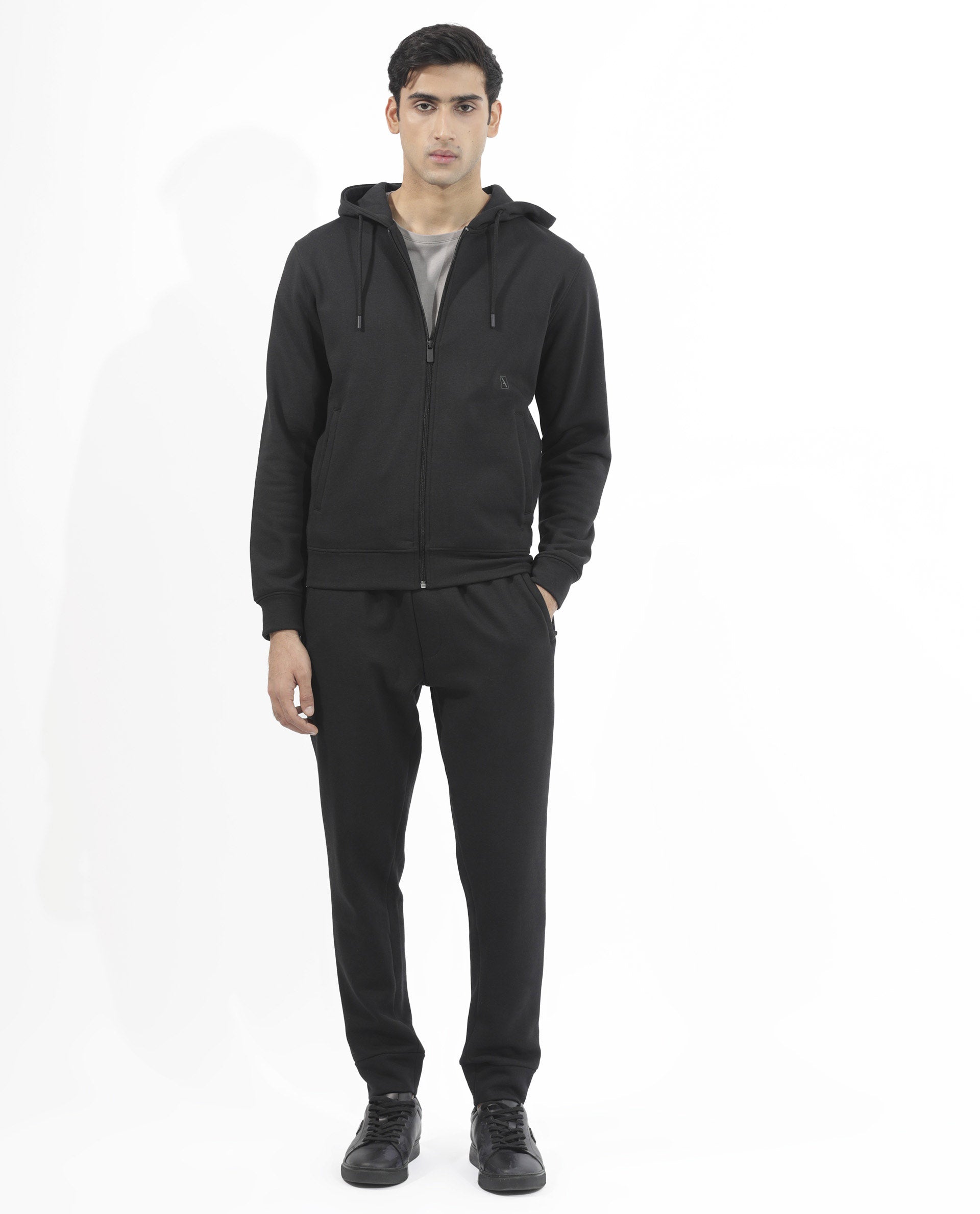 Rare Rabbit Men's Trood Black Cotton Fabric Full Sleeves Zip Closure Regular Fit Solid Hooded Sweatshirt