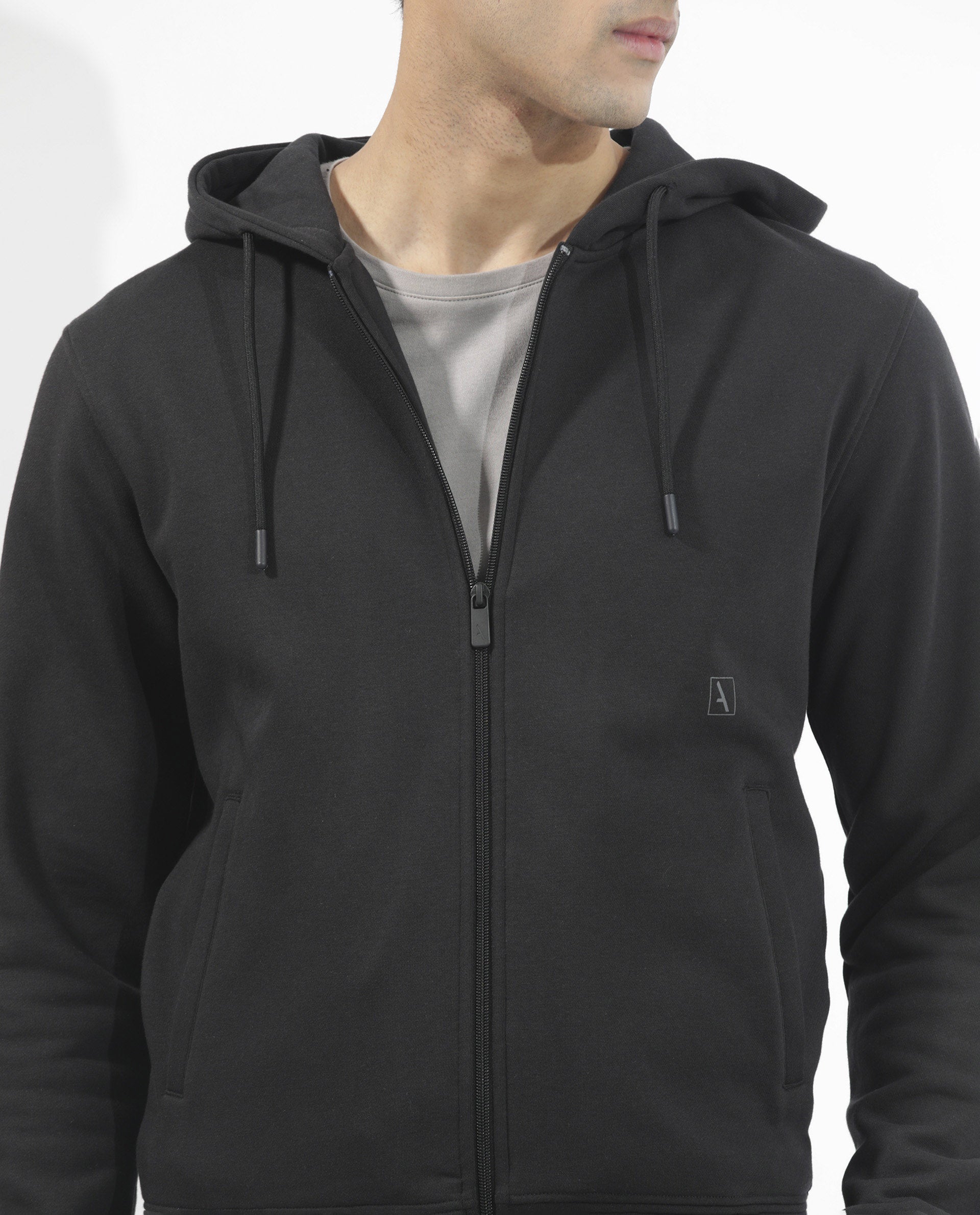 Rare Rabbit Men's Trood Black Cotton Fabric Full Sleeves Zip Closure Regular Fit Solid Hooded Sweatshirt