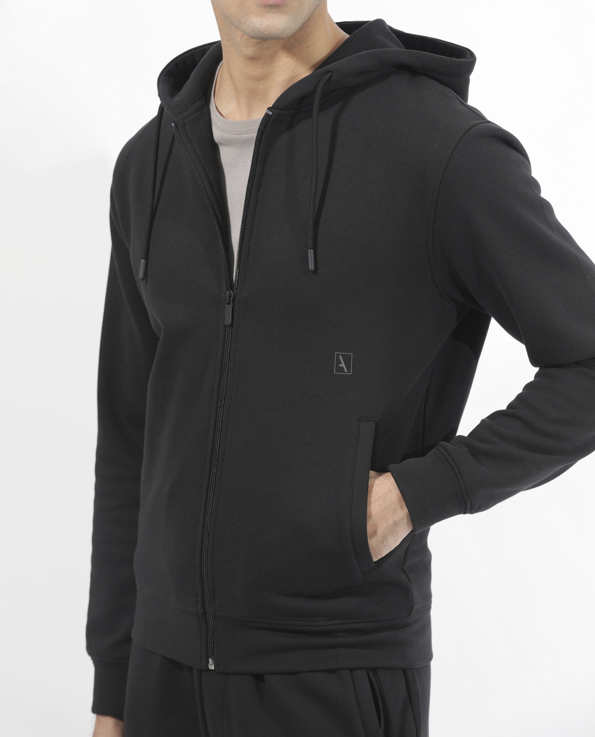 Rare Rabbit Men's Trood Black Cotton Fabric Full Sleeves Zip Closure Regular Fit Solid Hooded Sweatshirt