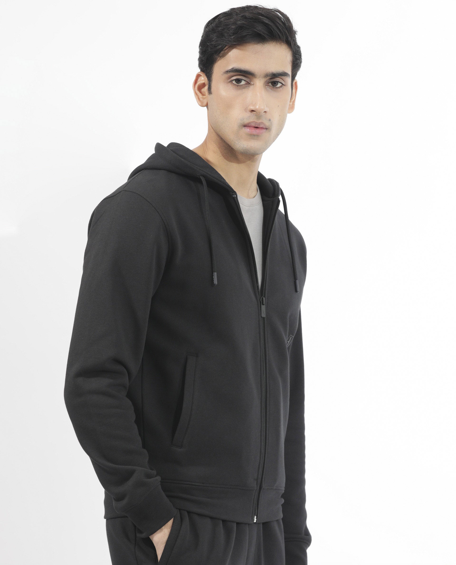 Rare Rabbit Men's Trood Black Cotton Fabric Full Sleeves Zip Closure Regular Fit Solid Hooded Sweatshirt