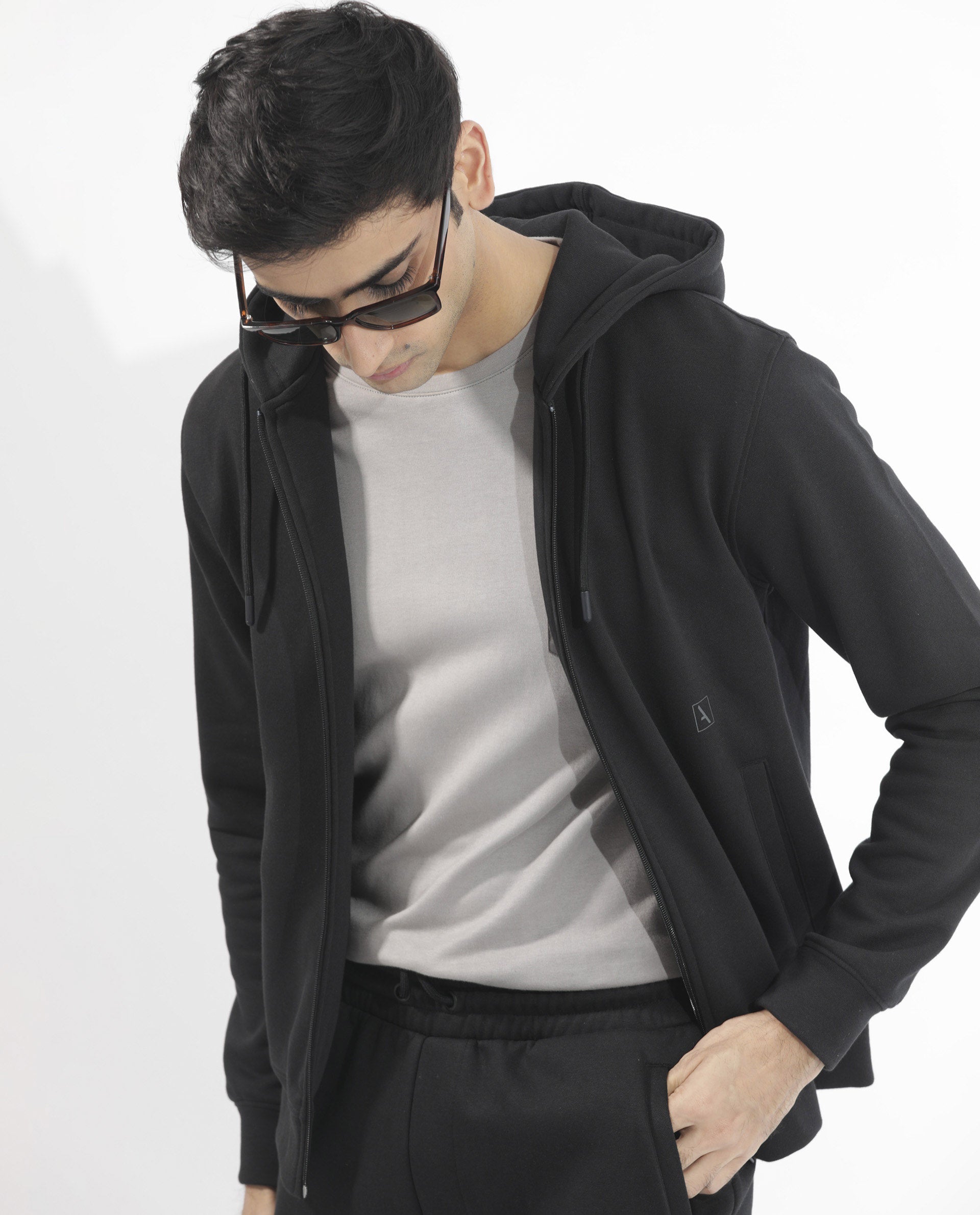 Rare Rabbit Men's Trood Black Cotton Fabric Full Sleeves Zip Closure Regular Fit Solid Hooded Sweatshirt