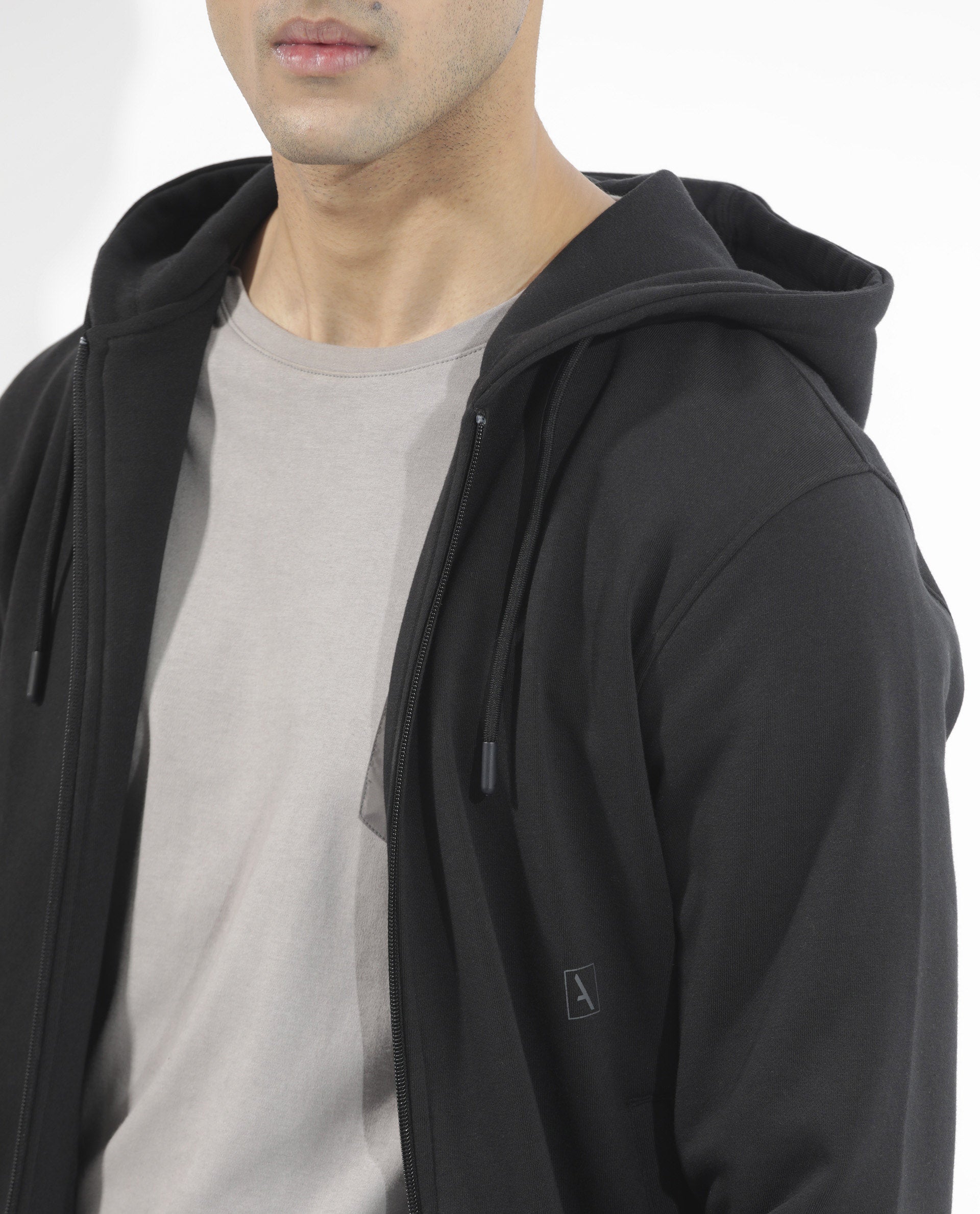 Rare Rabbit Men's Trood Black Cotton Fabric Full Sleeves Zip Closure Regular Fit Solid Hooded Sweatshirt