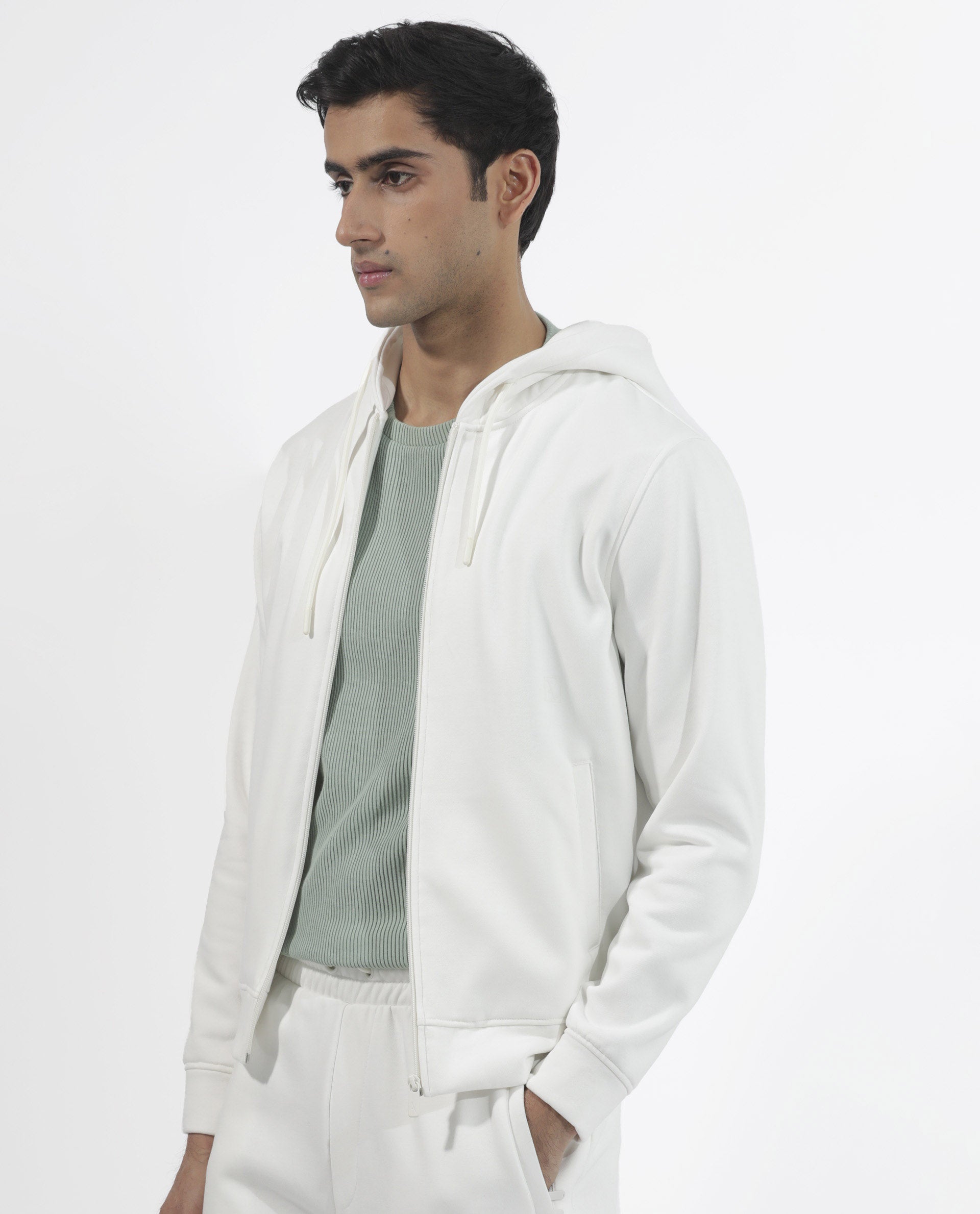 Rare Rabbit Men's Trood Off White Cotton Fabric Full Sleeves Zip Closure Regular Fit Solid Hooded Sweatshirt