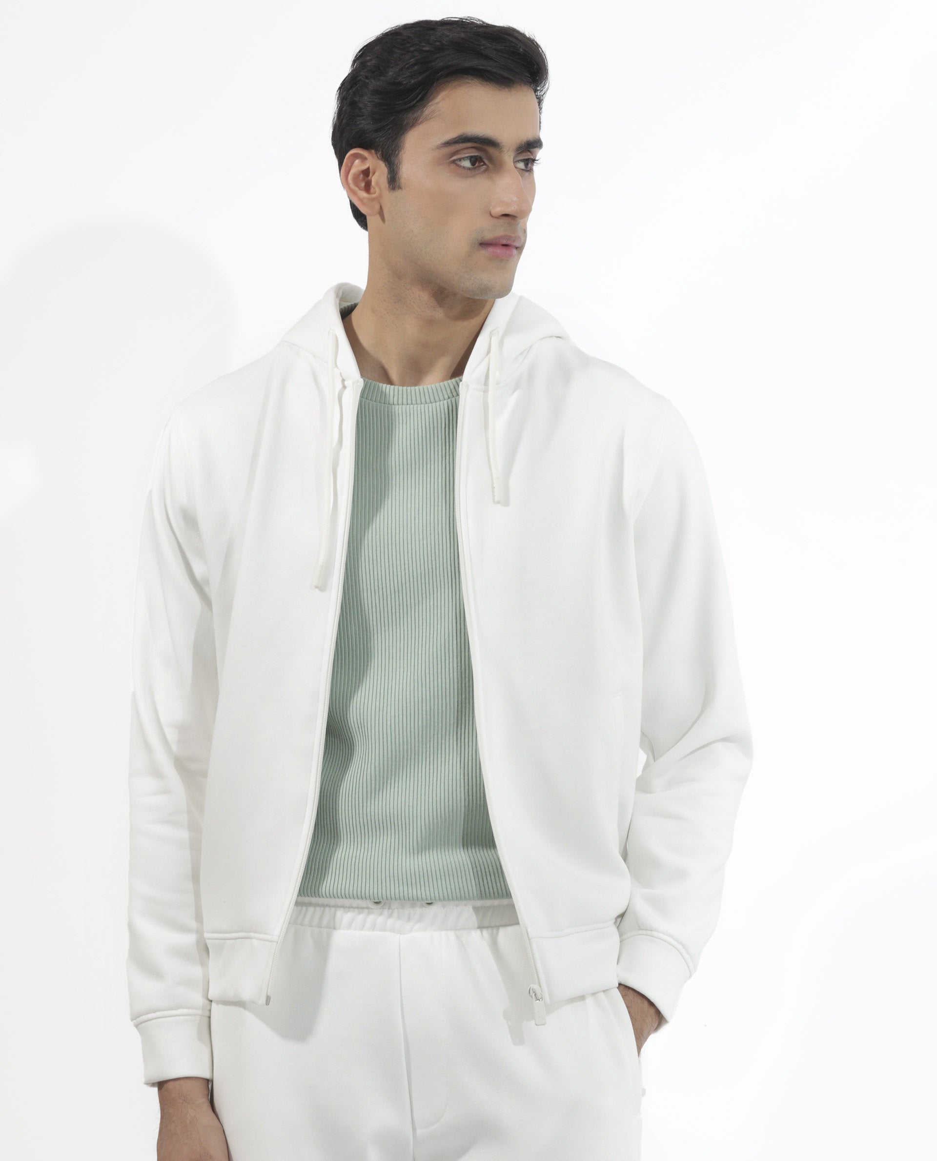 Rare Rabbit Men's Trood Off White Cotton Fabric Full Sleeves Zip Closure Regular Fit Solid Hooded Sweatshirt