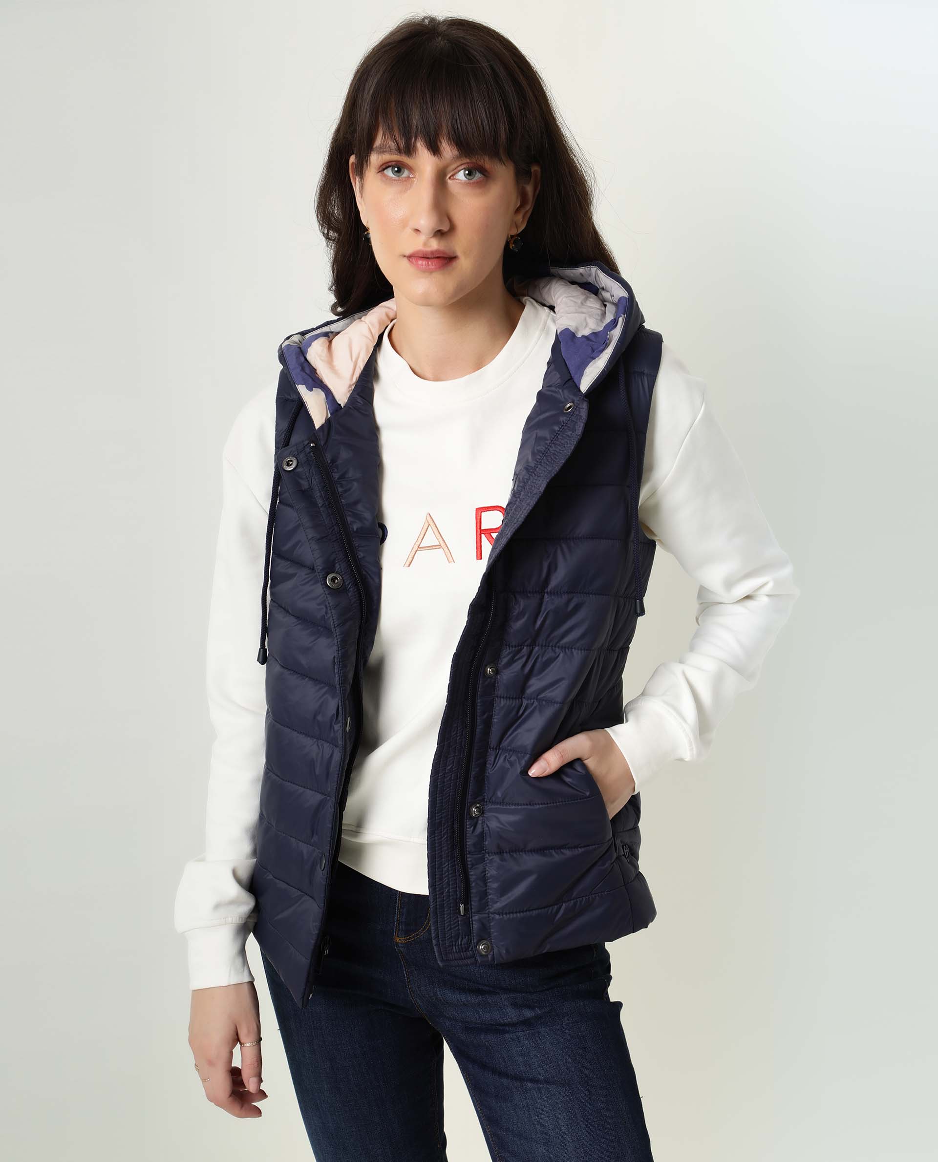 Rareism Women Troop Dark Navy Sleeveless Solid Hooded Jacket